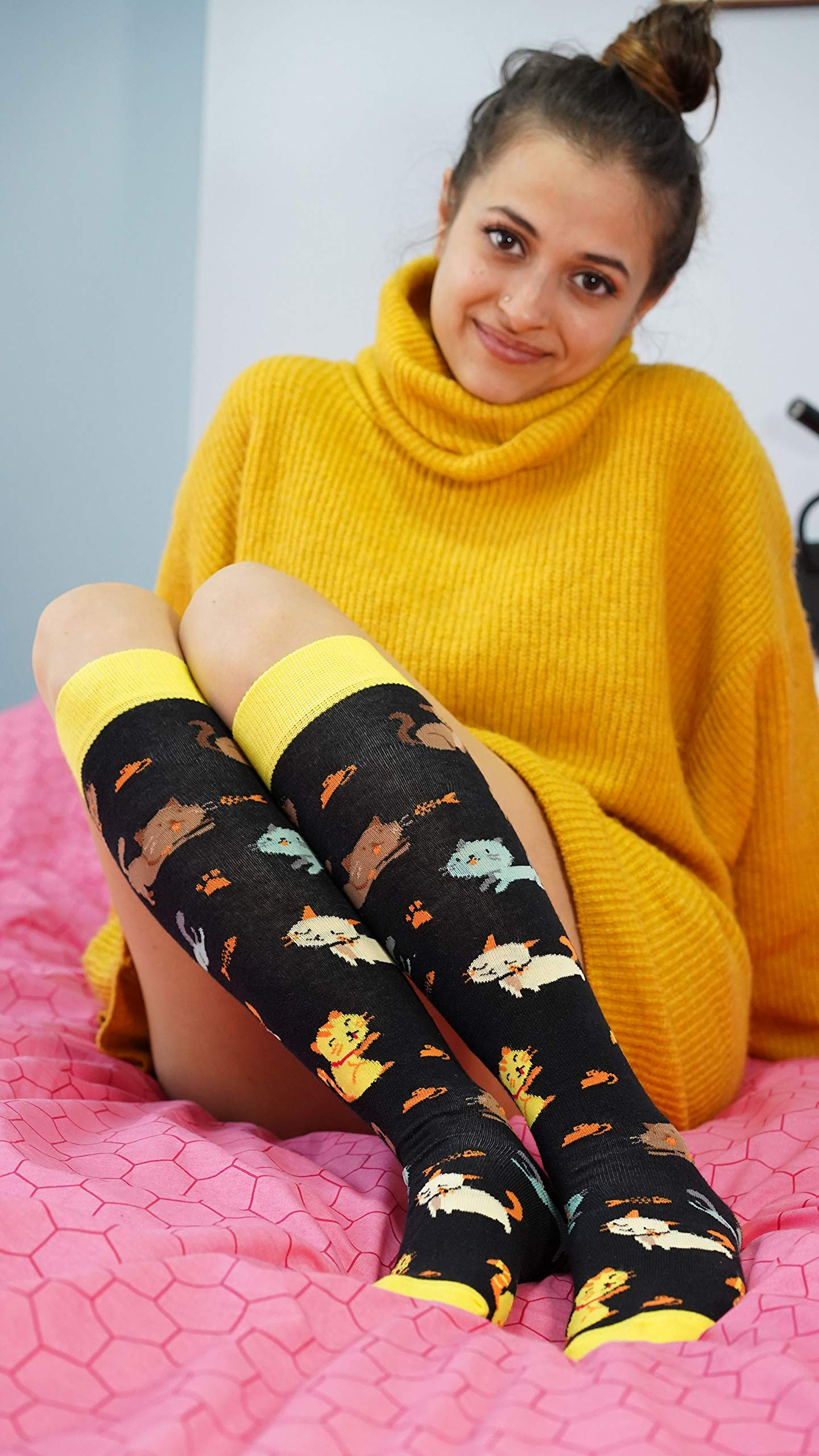 Women's Colorful Luxury Cotton Funky Knee High Socks - 1 Pair Soft Comfortable Crew Socks for Casual Wear, Cosplay & Fashion Outfits