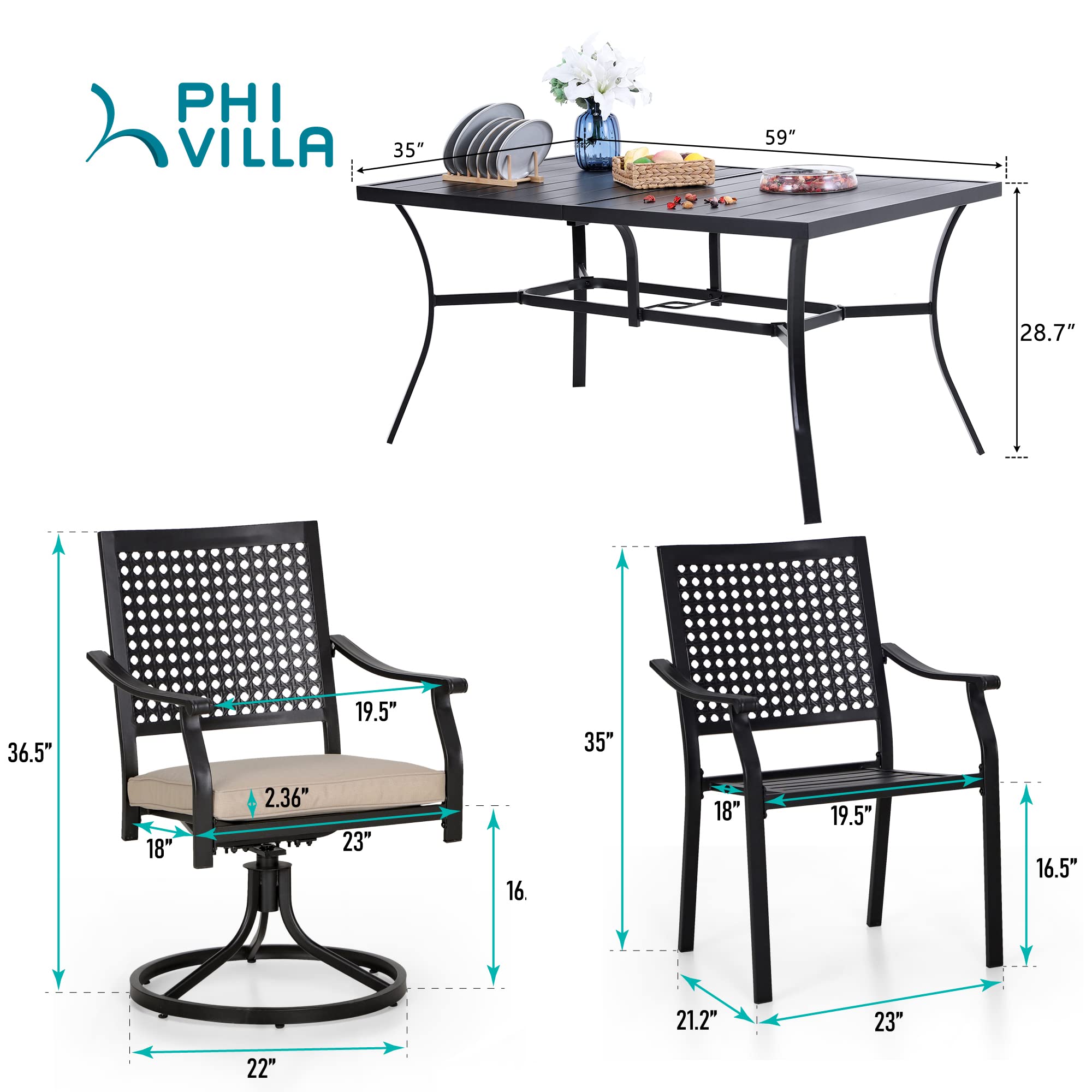 PHI VILLA 6-Piece Outdoor Dining Set - Modern Patio Table with Umbrella Hole & 6 Wrought Iron Swivel Chairs - Durable Metal Furniture for Backyard, Garden, Bistro - Perfect for Al Fresco Dining & Outdoor Entertaining