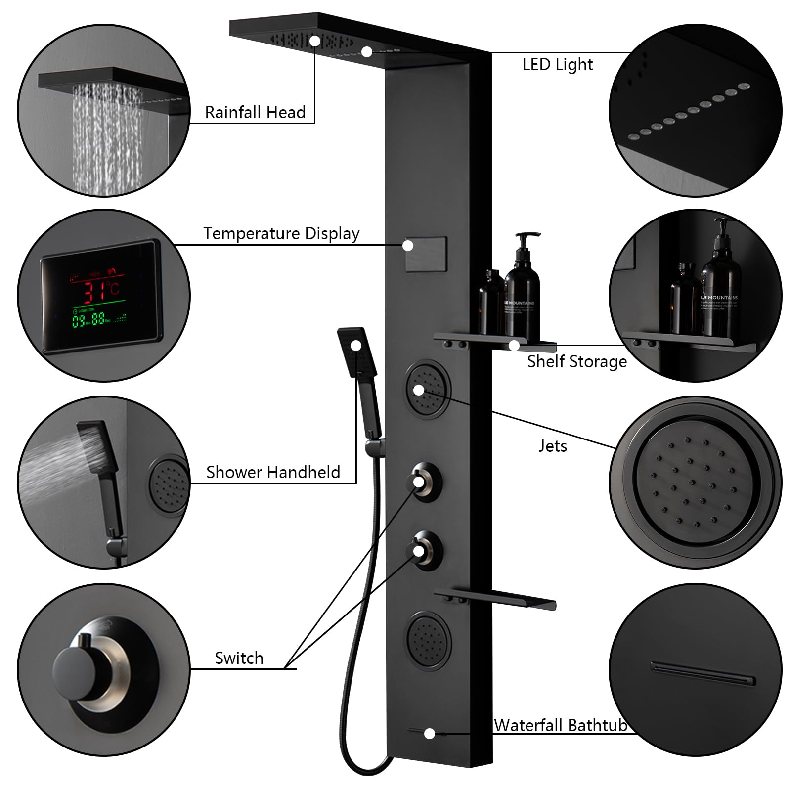 Premium Matte Black LED Shower Panel System with Rainfall Shower Head, Handheld Massage Jets & 304 Stainless Steel Storage Shelf - Modern Waterfall Bathtub Upgrade for Luxury Spa-Like Bathroom Experience
