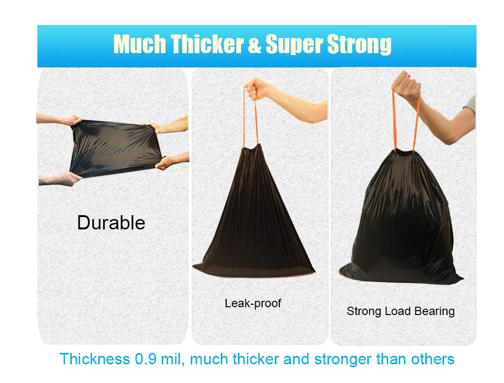 10 Gallon Drawstring Trash Bags - 90 Count Heavy Duty 0.9 Mil Garbage Can Liners for Kitchen, Bathroom & Office Waste Bins - Black (10 Gal) - Perfect for Home, Commercial & Outdoor Use
