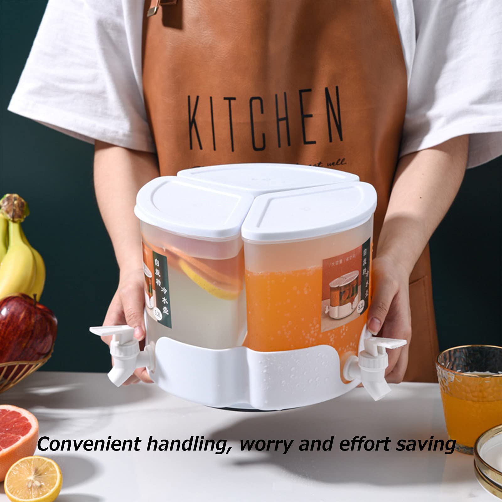 Rotating Large Capacity Refrigerator Cold Kettle with Lid and Faucet - 3-Compartment Split Fruit Teapot, Lemonade Bucket & Ice Water Jug for Household Juice, Cold Drinks, Ice Tea, Wine & Coffee - Perfect for Parties, BBQs, and Outdoor Gatherings