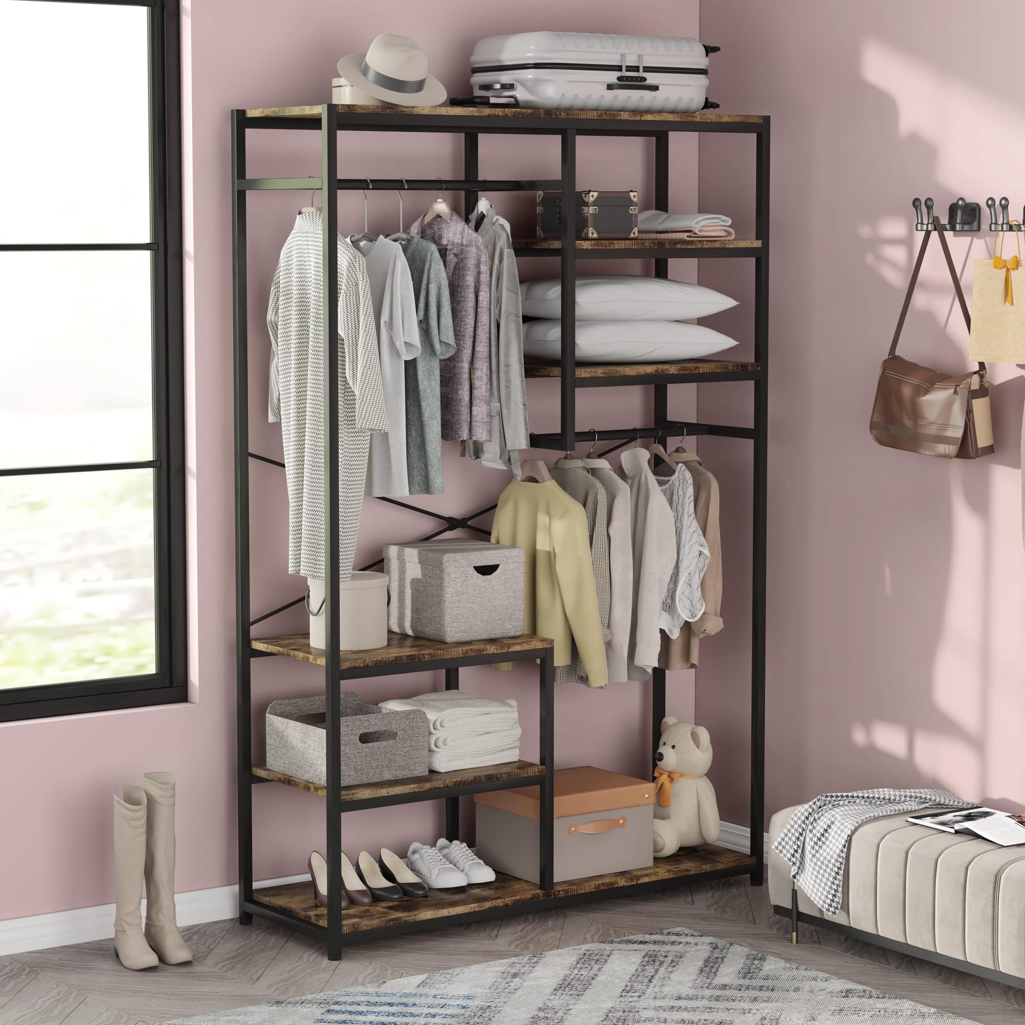 JoliJour Wood and Metal Freestanding Coat Rack with Shelves - 120x40x180cm Entryway Clothes Hanger, Wardrobe Organizer for Hallway, Bedroom or Office Storage