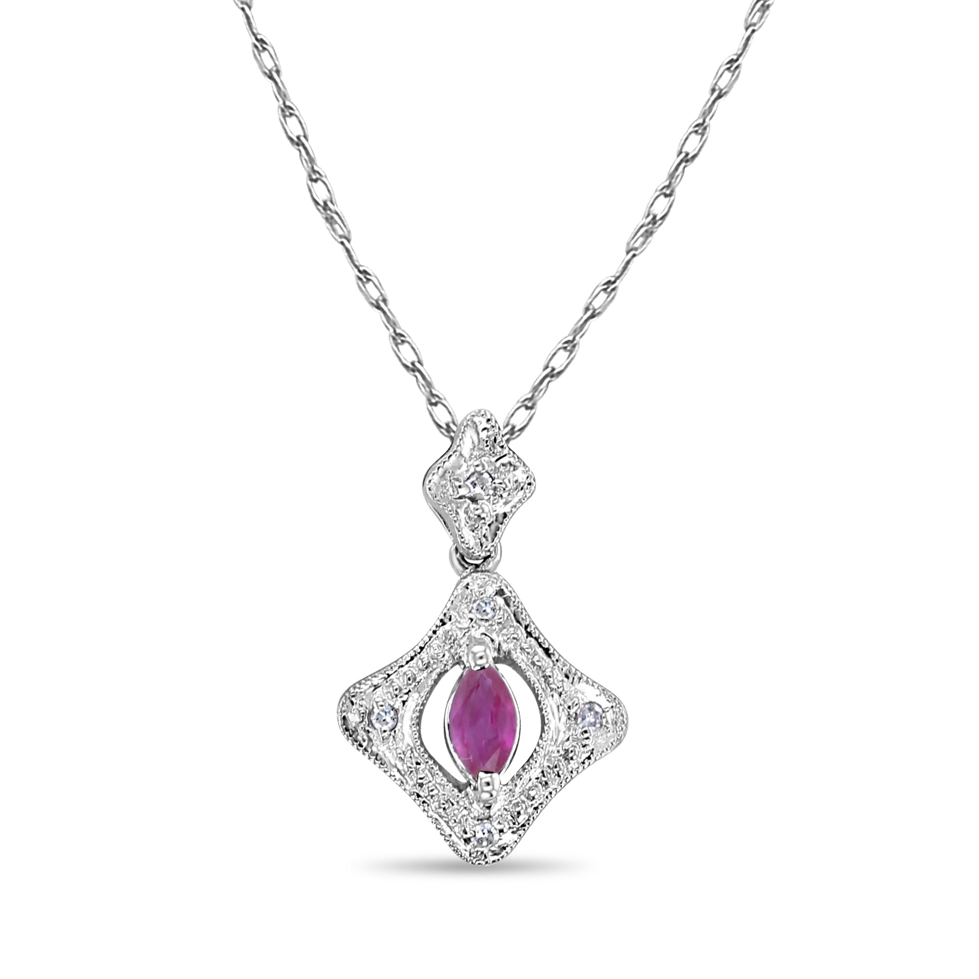 Antique Style 14k White Gold Ruby & Diamond Necklace for Women | Elegant Vintage Jewelry for Weddings, Parties & Special Occasions