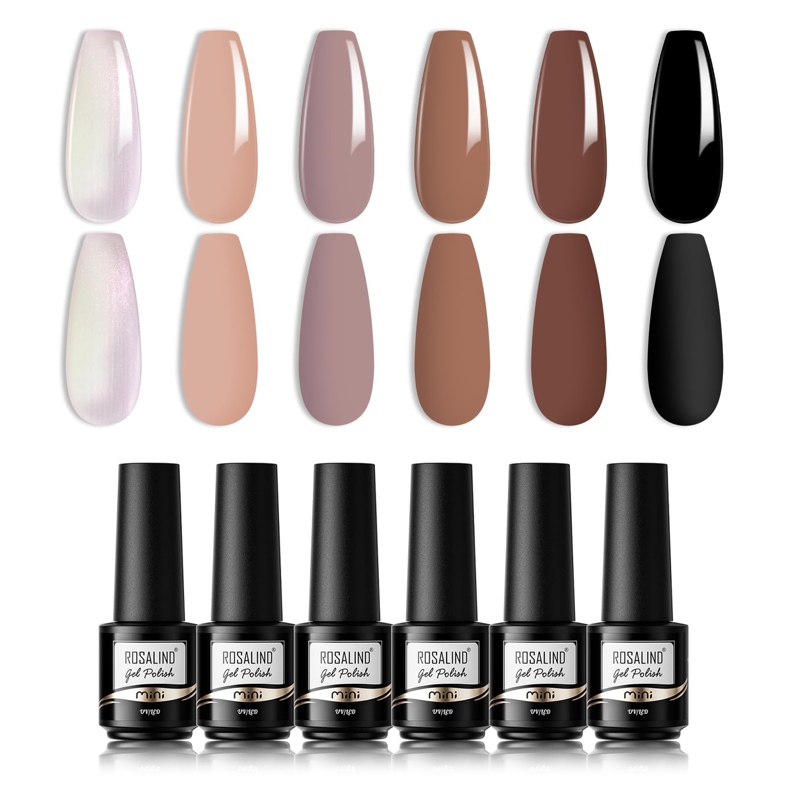 ROSALIND 6 Colors Semi-Permanent Nail Polish Set - Brown, Black, Nude, Silver & More | UV/LED Gel Polish for Nail Art | Long-Lasting & Non-Toxic | Perfect for Salon, Home Manicure & Special Occasions