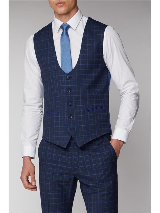 Vintage Navy Blue & Bright Blue Checkered Waistcoat for Men - Perfect for Formal Events, Weddings & Cosplay Outfits