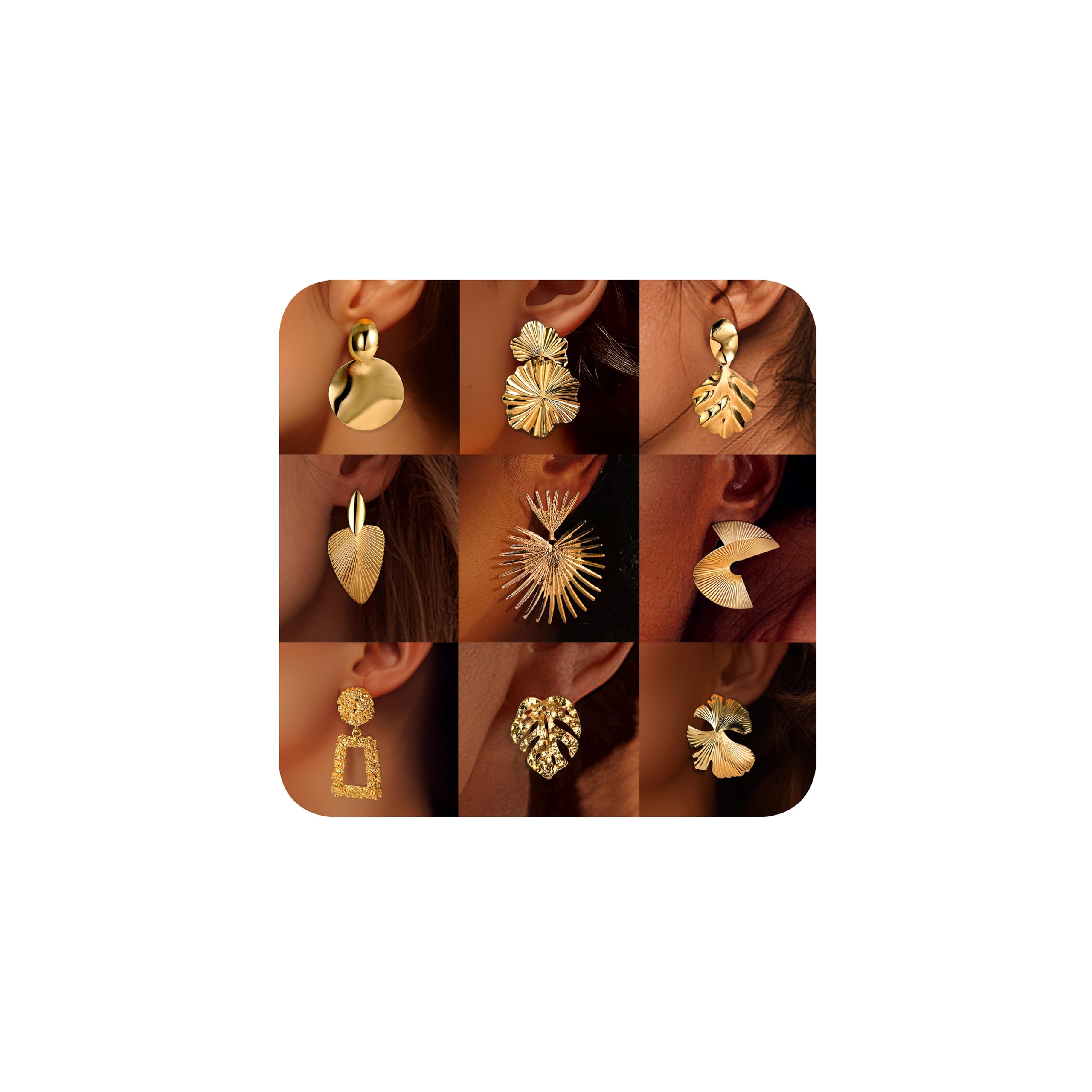 ORAZIO 9 Pairs Gold Clip On Earrings for Women - Statement Geometric Leaf & Trapezoid Dangle Earrings - Non-Pierced Retro Drop Earrings for Parties, Weddings & Special Occasions