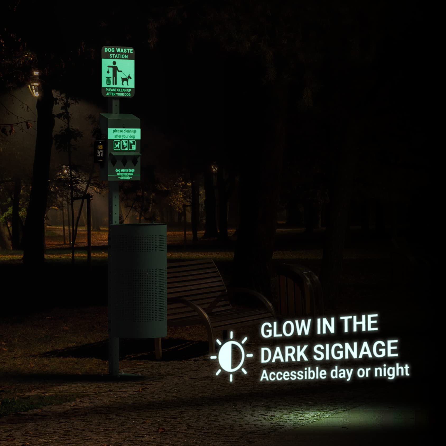 Glow in the Dark Pet Waste Station with 600 Dog Waste Bags & 50 Can Liners - Outdoor Dog Poop Dispenser with Sign, Hand Sanitizer & Lidded Trash Can - Perfect for Parks, Backyards & Dog Walking Areas