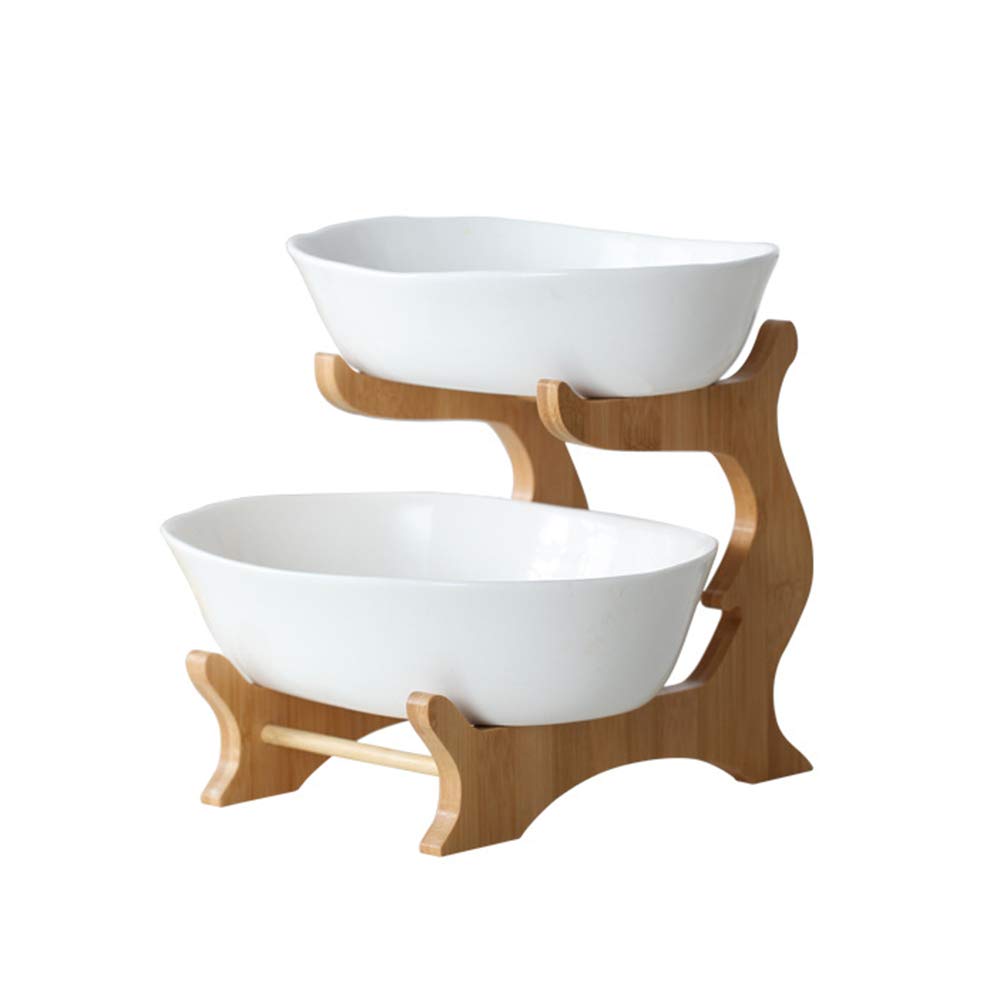2-Tier Ceramic Cake Stand with Bamboo Base - Reusable Dessert & Fruit Display for Weddings, Birthdays, Parties - Perfect for Candy, Pastries, and Fresh Fruit Arrangements - Elegant White Kitchen & Dining Decor