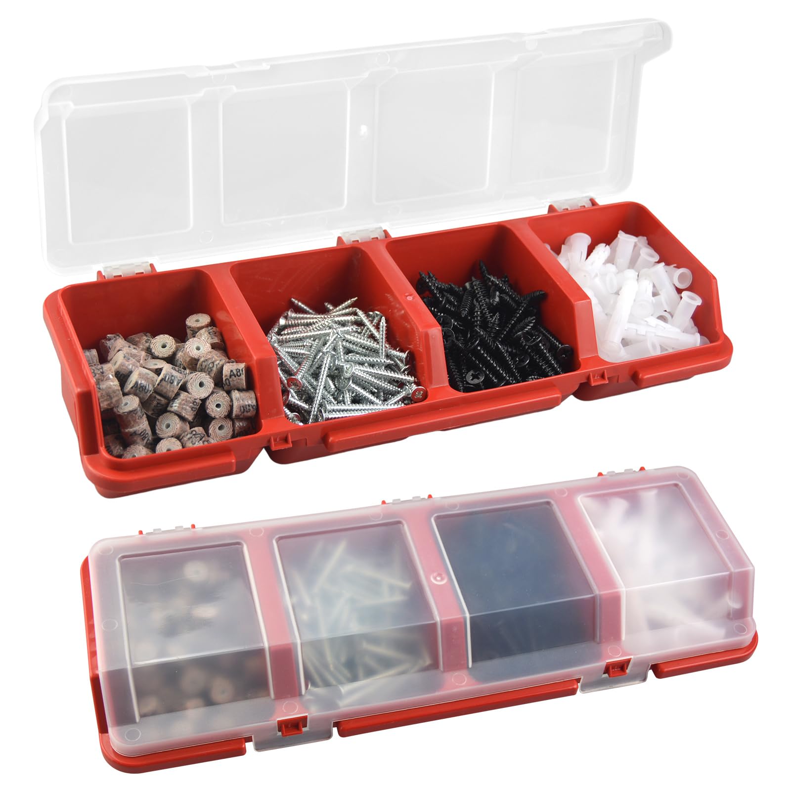 2-Pack Stackable Screw Organizer Storage Bins with Lids & Dividers - Durable Tool Organizer for Garage, Workshop, Craft Room - Perfect for Tool Cart, Cabinet & Workbench Drawer Organization (Red) - Ideal for DIY Projects & Home Improvement Storage