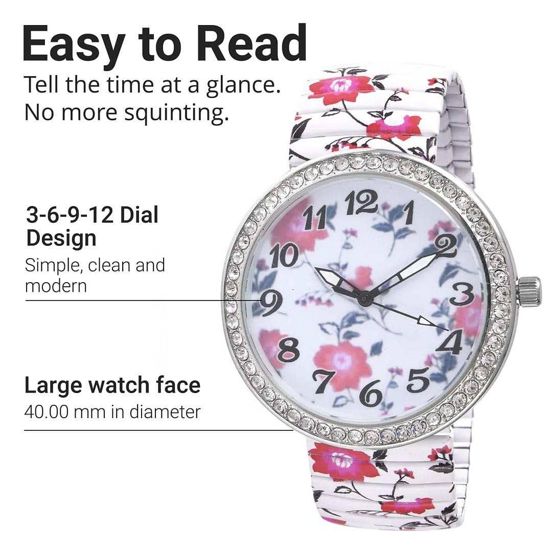 Floral Watch for Women - Stainless Steel Crystal Studded Stretch Band Flower Wristwatch - Elegant Ladies Bracelet Watch with Japanese Movement - Perfect Birthday Gift for Her, Mother's Day, Anniversary & Everyday Wear