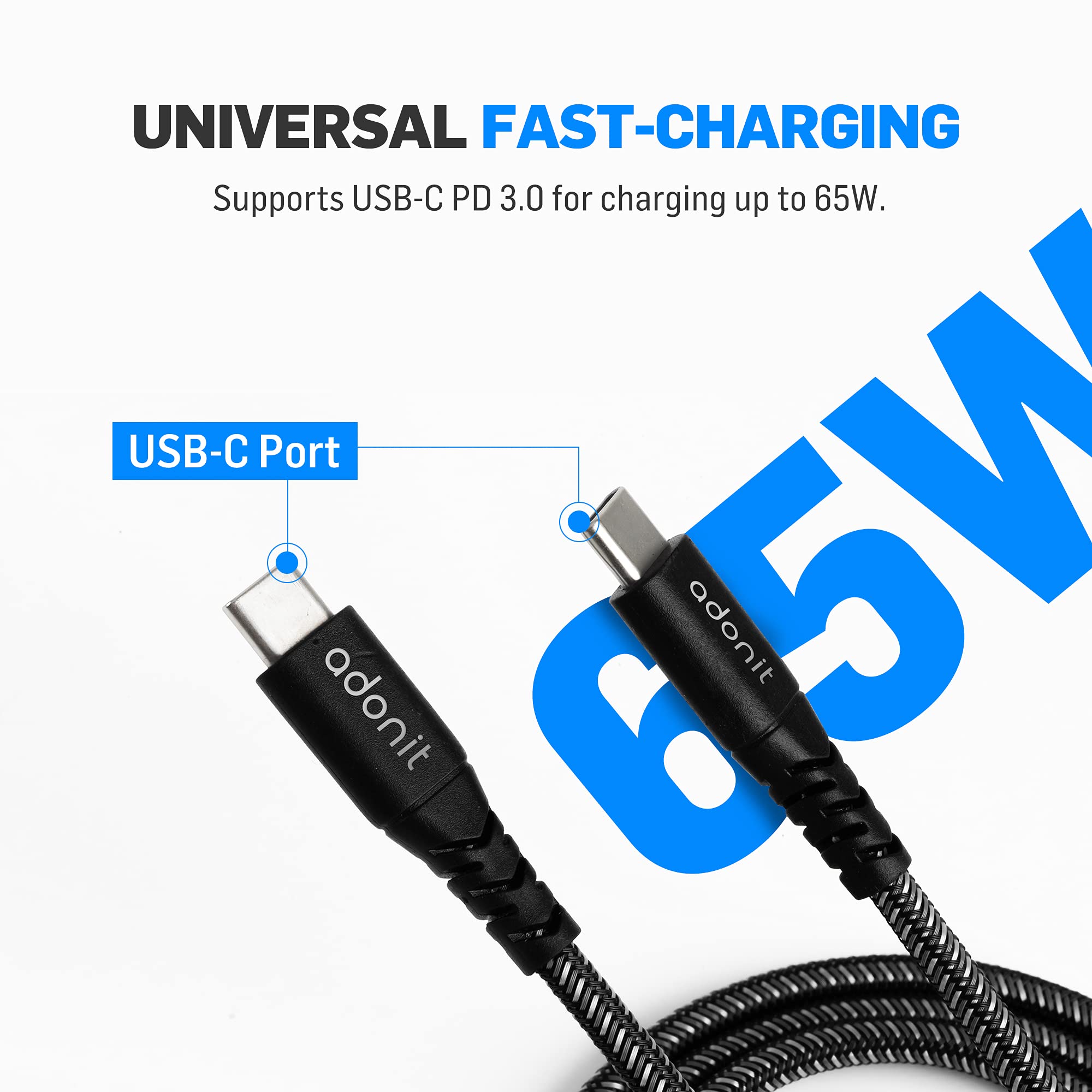 Adonit 1.2m USB-C to USB-C Fast Charging Cable (Gray) - Compatible with iPhone 15, iPad Pro, MacBook Air, MacBook Pro, Tablets & Laptops - Perfect for Home, Office & Travel Charging