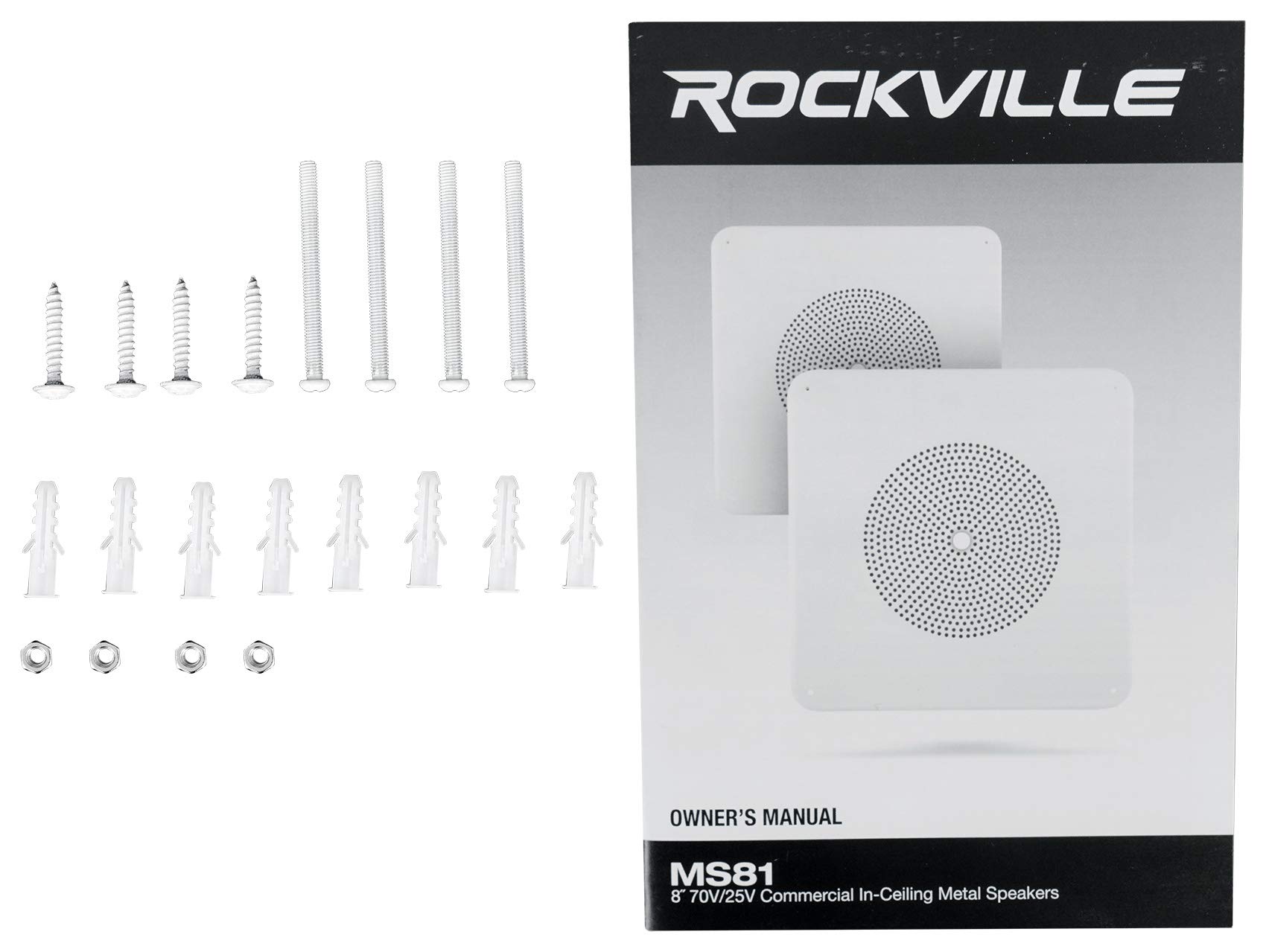 Rockville RCS80-1 60 Watt 70V Commercial Amplifier with Bluetooth & 8 MS81 Metal Ceiling Speakers for Restaurant Background Music PA System - Perfect for Hotels, Retail Stores, and Office Buildings