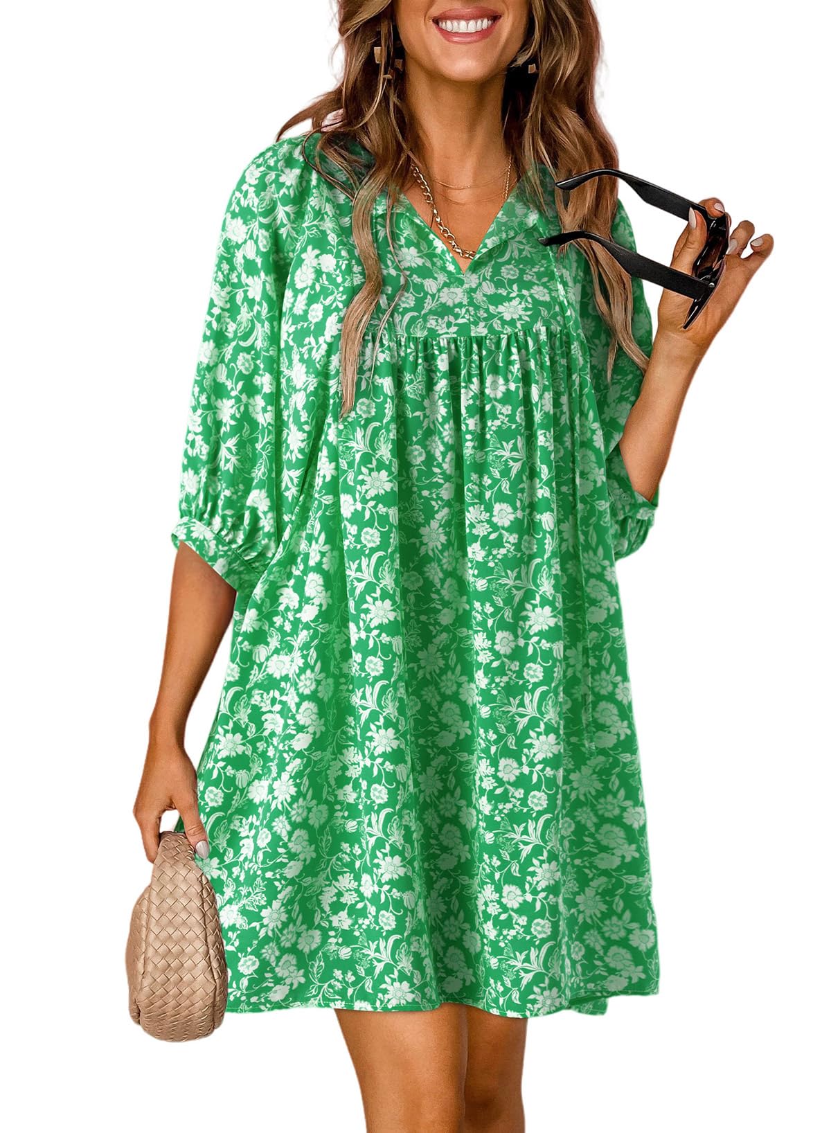 Dokotoo Women's Summer Dresses 2025 - Boho Floral Print Chiffon Mini Dress with V Neck & Lantern Sleeves | Beach Vacation Sundress, Casual Outing & Party Wear