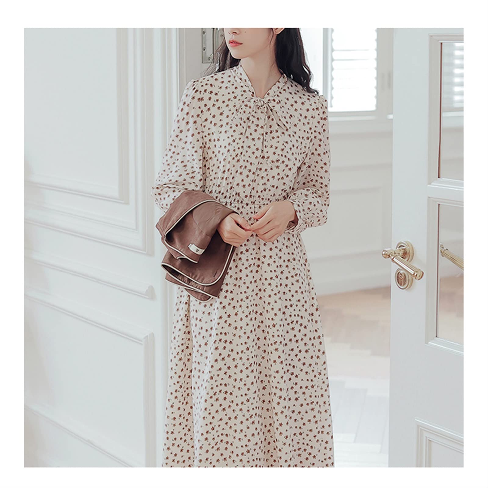 XTE Women's Floral Print Elastic Waist Tie Front Midi Dress - Vintage A-Line Swing Sundress with Long Sleeves, Soft Summer Casual Dress (Beige, Size 2) | Perfect for Beach Vacations, Garden Parties & Brunch Dates