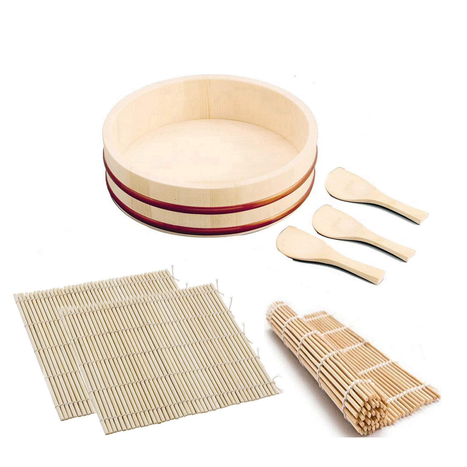 Premium Sushi Making Kit - Japanese Hangiri Rice Mixing Bowl, 3 Bamboo Sushi Rolling Mats & 3 Rice Paddles - Complete DIY Sushi Set for Home Chefs & Japanese Cuisine Lovers