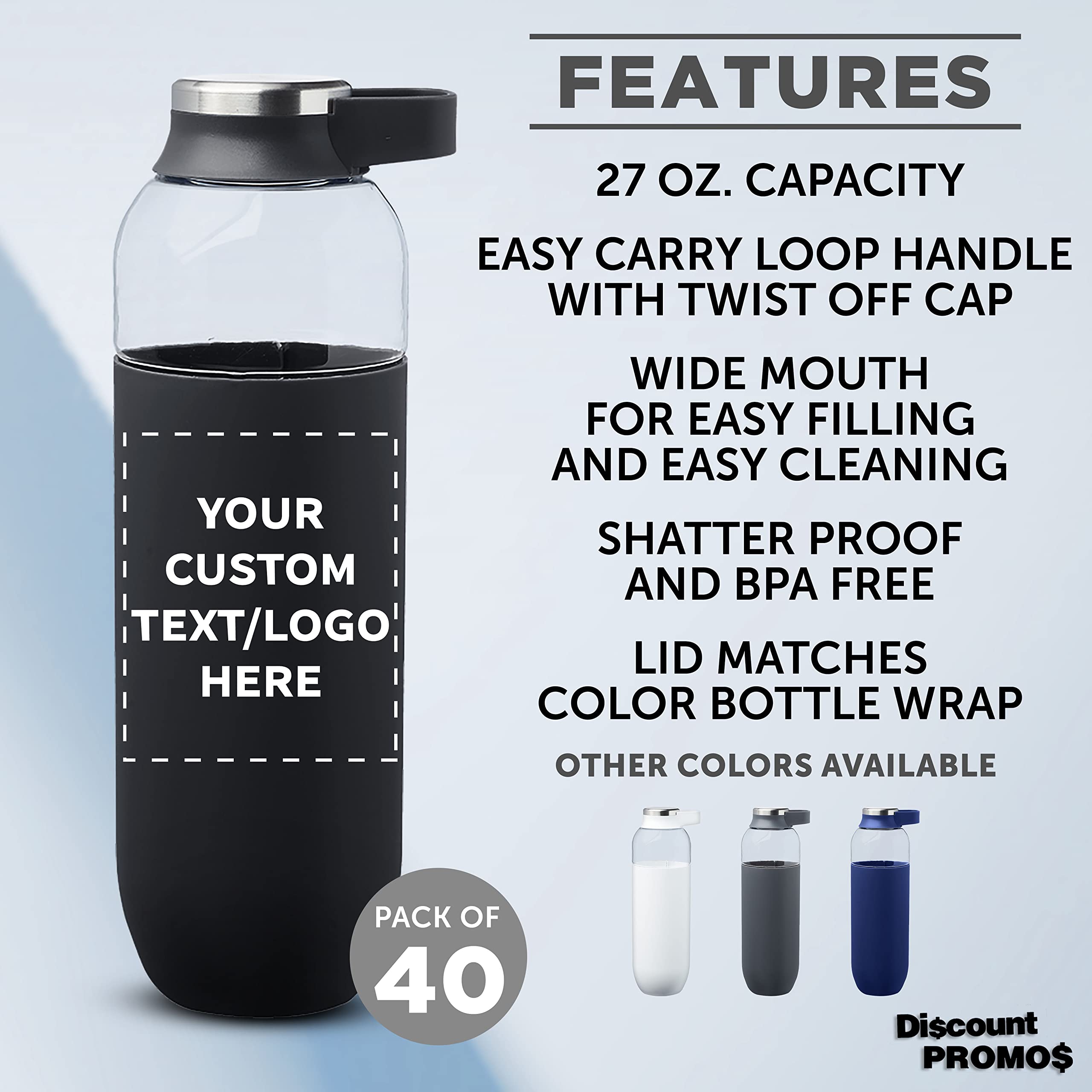 Custom 27oz Plastic Water Bottles with Handle - Bulk Pack of 40 Reusable Sports Bottles - Personalized Gym, Hiking & Cycling Water Bottles - Great for Schools, Events & Team Promotions - Black