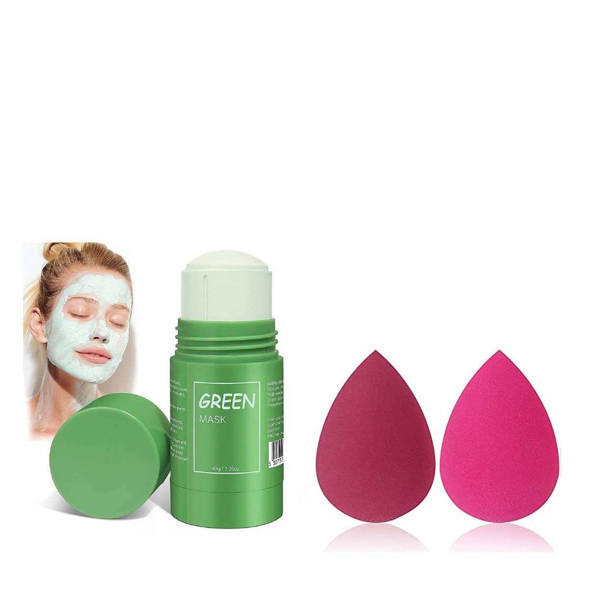 KTABRIZ Green Tea Essence Stick Face Mask with 2 Pink Makeup Beauty Blenders (Pack of 3) - Hydrating & Brightening Skincare for Daily Use & Travel