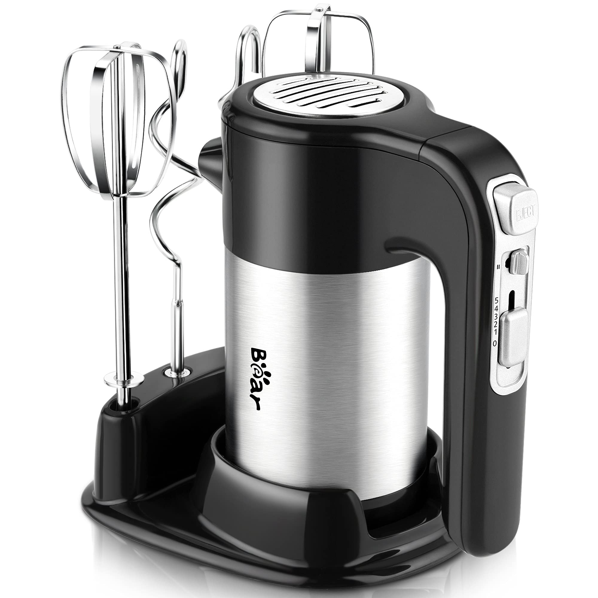 5-Speed Electric Hand Mixer with Turbo Function - Powerful Bear Hand Mixer with Storage Base, 4 Stainless Steel Attachments & Easy Eject - Perfect for Whipping Dough, Brownies, Cream, Cake & Cookie Batter (Red) - Ideal for Home Baking, Kitchen Mixing & Dessert Preparation