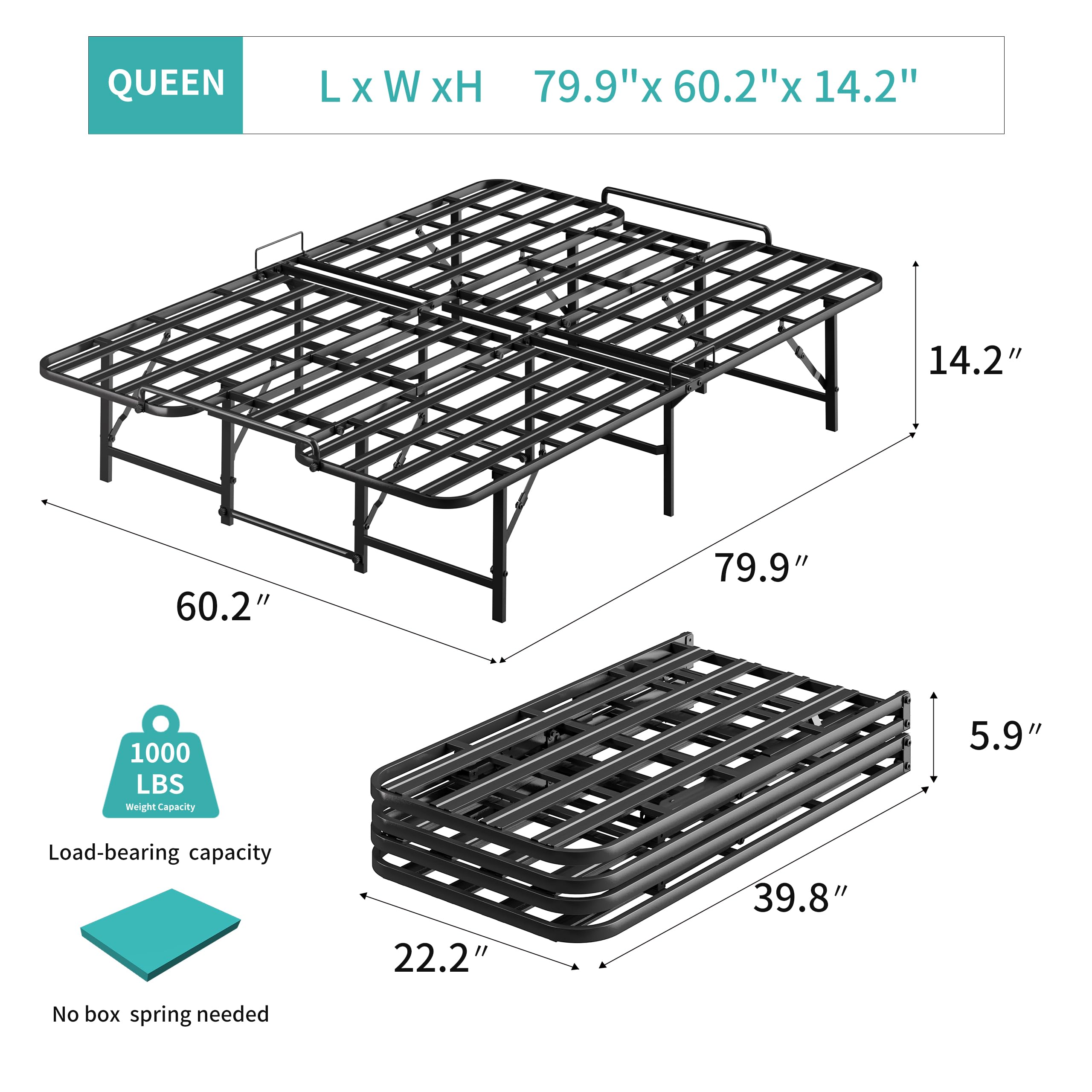 Queen Size Foldable Bed Frame - 14.2