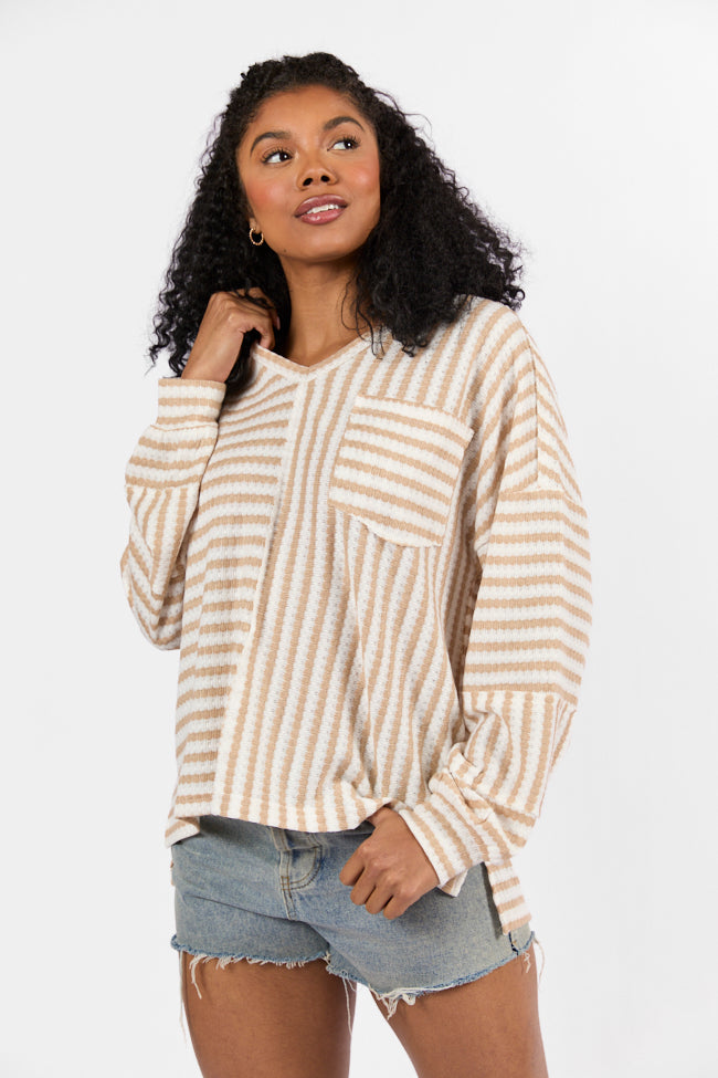 All For Sun Tan and Ivory Striped Knit V-Neck Long Sleeve Tee - Women's Casual Striped Shirt for Beach, Vacation & Everyday Wear | Final Sale