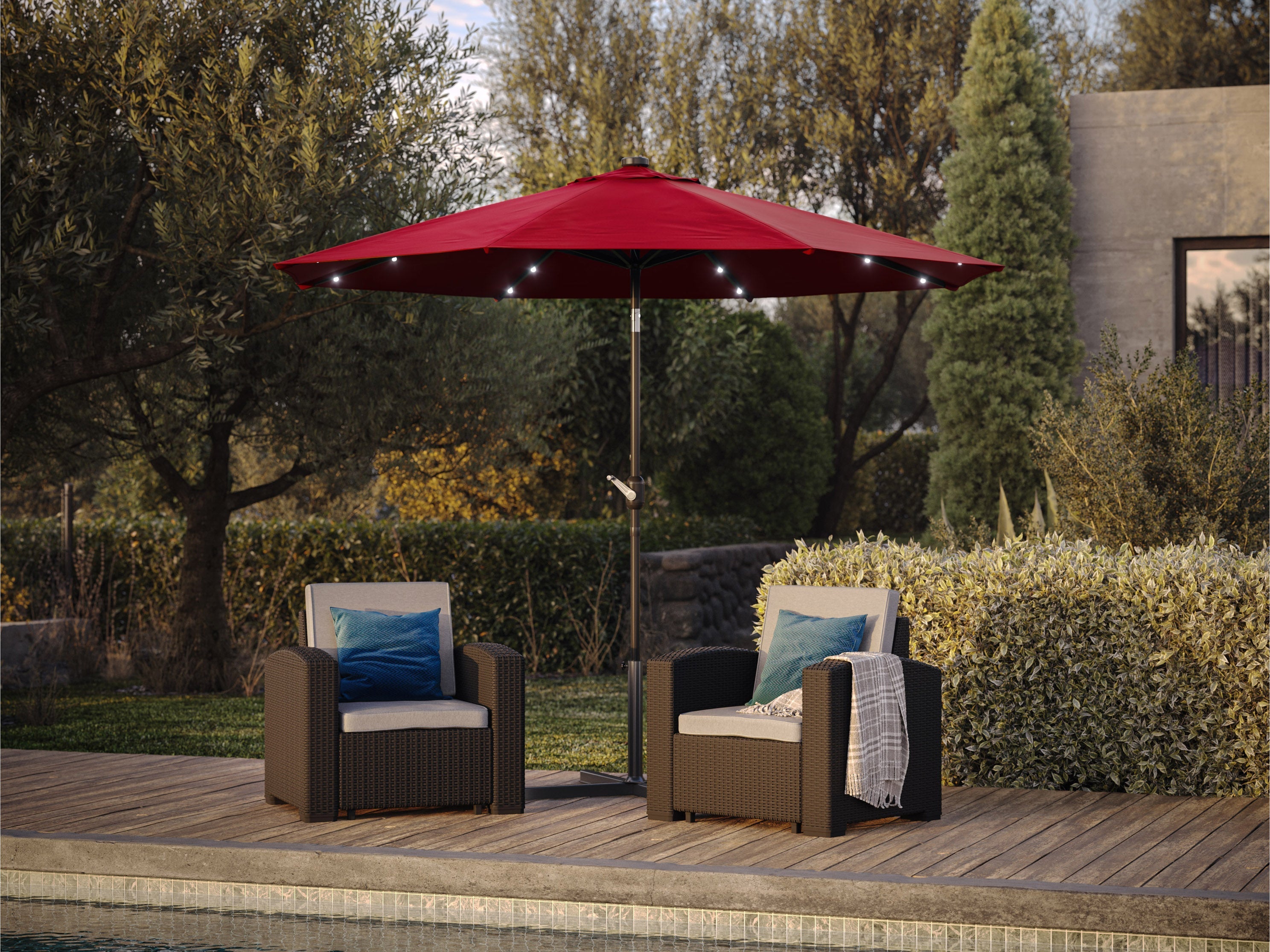 9ft Burgundy Outdoor Patio Umbrella with LED Lights - Waterproof Cantilever Sun Shade for Garden, Poolside, and Backyard Relaxation
