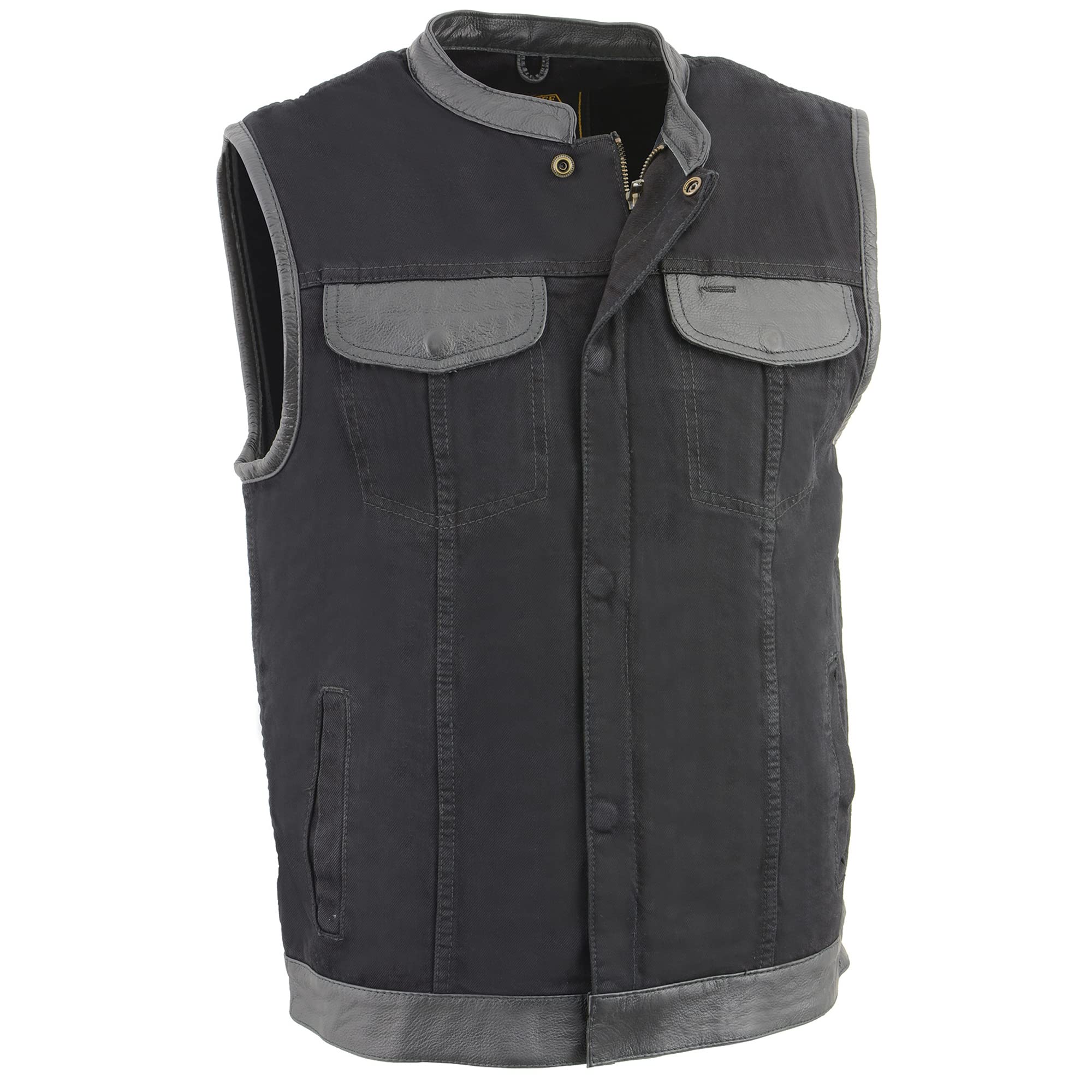 Men's SOA Leather Trimmed Denim Vest with Concealed Snap & Hidden Zipper - 2 Inside Gun Pockets - Medium Size | Biker Jacket for Motorcycle Riding, Outdoor Adventures & Casual Wear