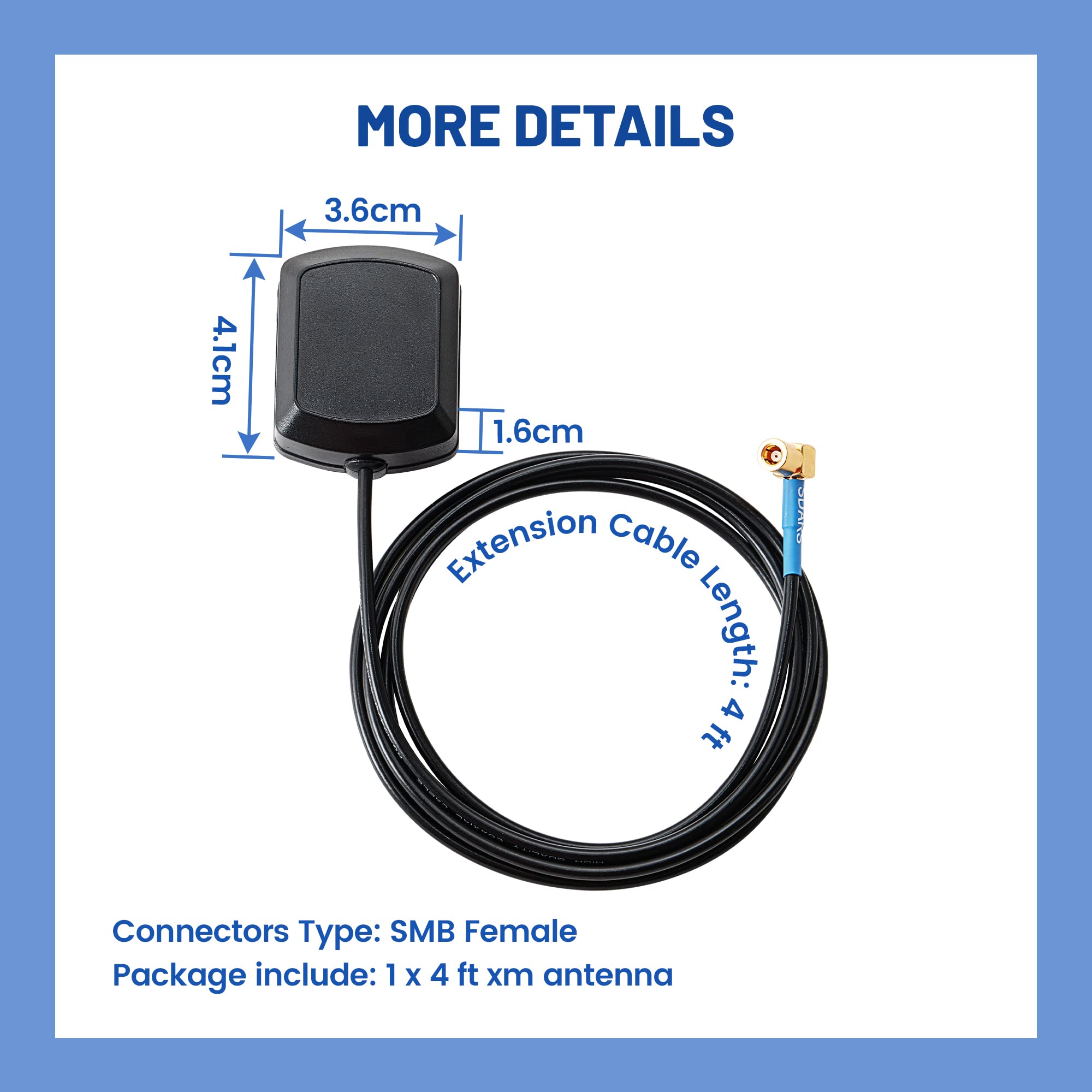 Anina 4 Ft Sirius XM Satellite Radio Antenna - Magnetic Base Compatible with XM Sirius Receivers (Lynx Edge, MiRGE, XMp3, Inno, AirWare, XMp3i, Xpress, Onyx, XR9) - GPS & Home/Car Use for Clear Signal Reception