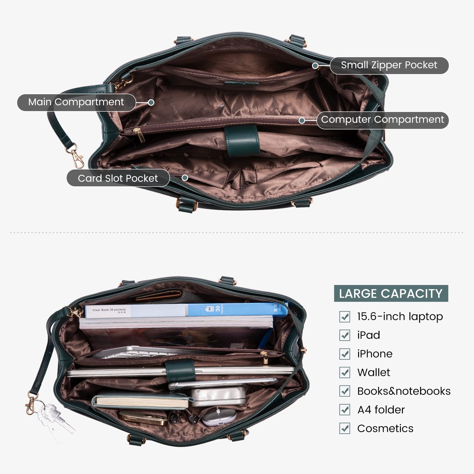 LOVEVOOK 15.6 Inch Waterproof Leather Laptop Bag for Women - Stylish Tote Briefcase for Business, Office & Travel | Durable Work Bag with Multiple Pockets (Green) | Perfect for Commuting, Business Trips & Professional Meetings