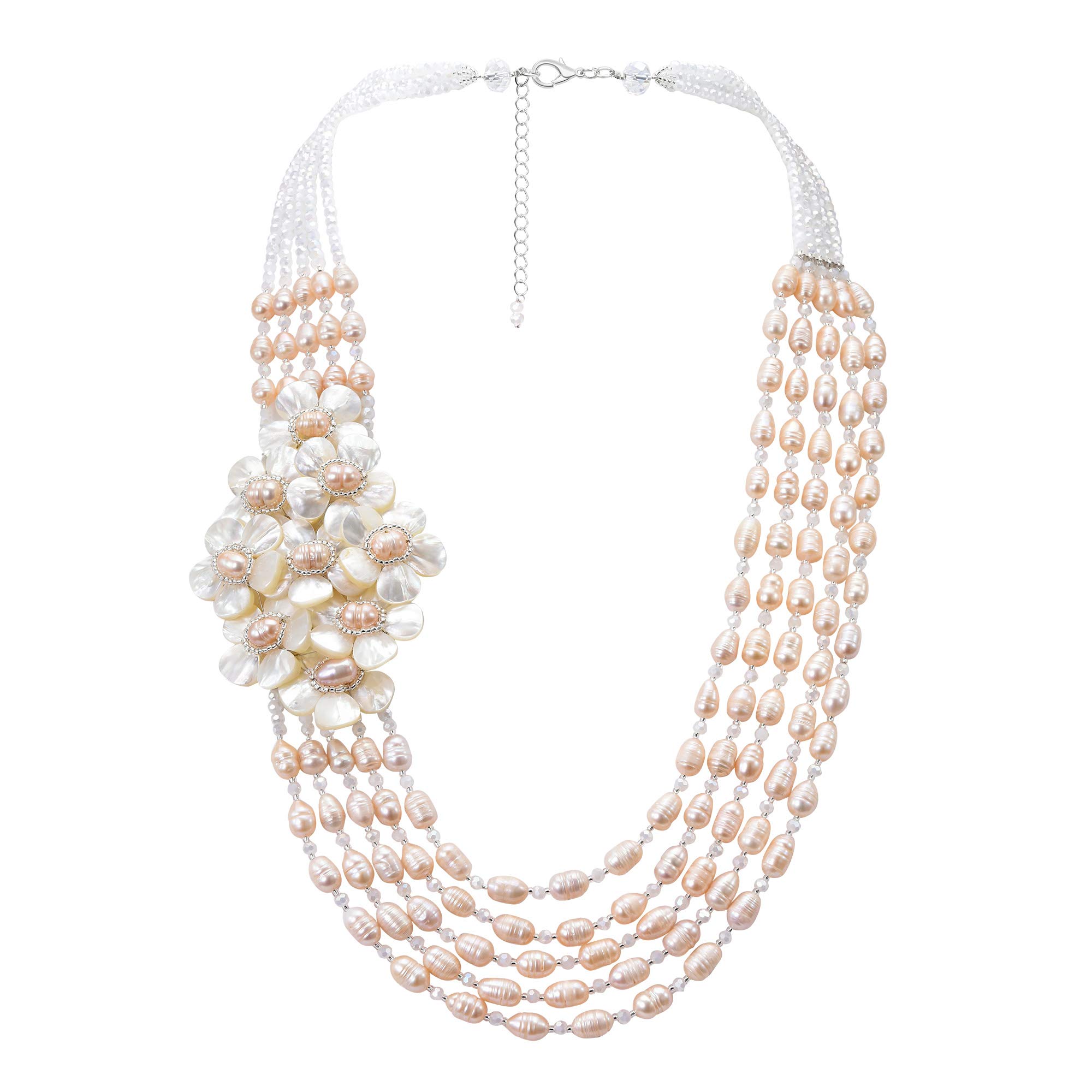 Elegant Cultured Freshwater Pearl & Crystal Beaded Floral Cluster Statement Necklace for Women - Perfect for Weddings, Parties & Special Occasions