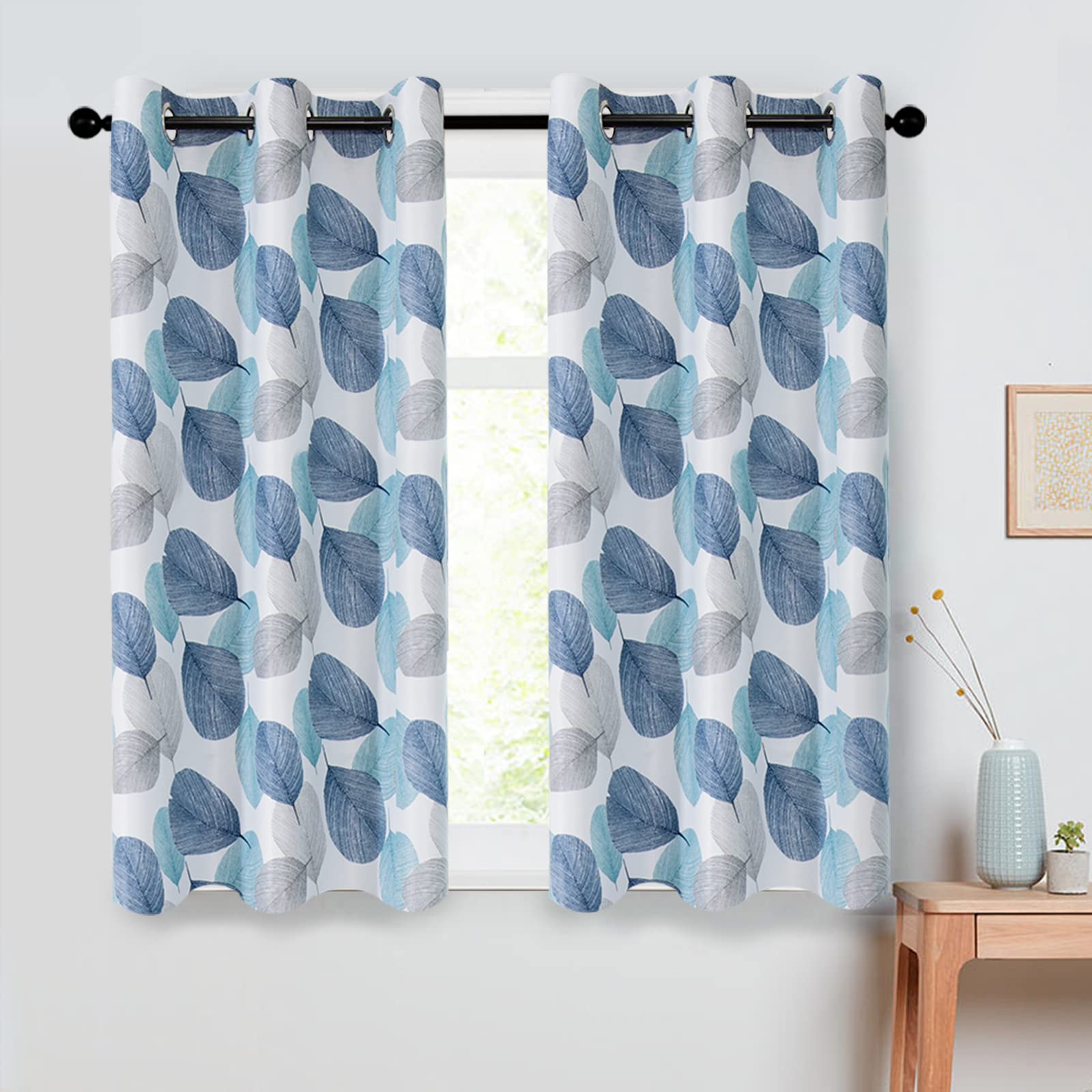 Blackout Curtains with Leaves Print - Grommet Top for Bedroom & Living Room - Perfect for Light Blocking, Privacy & Home Decor