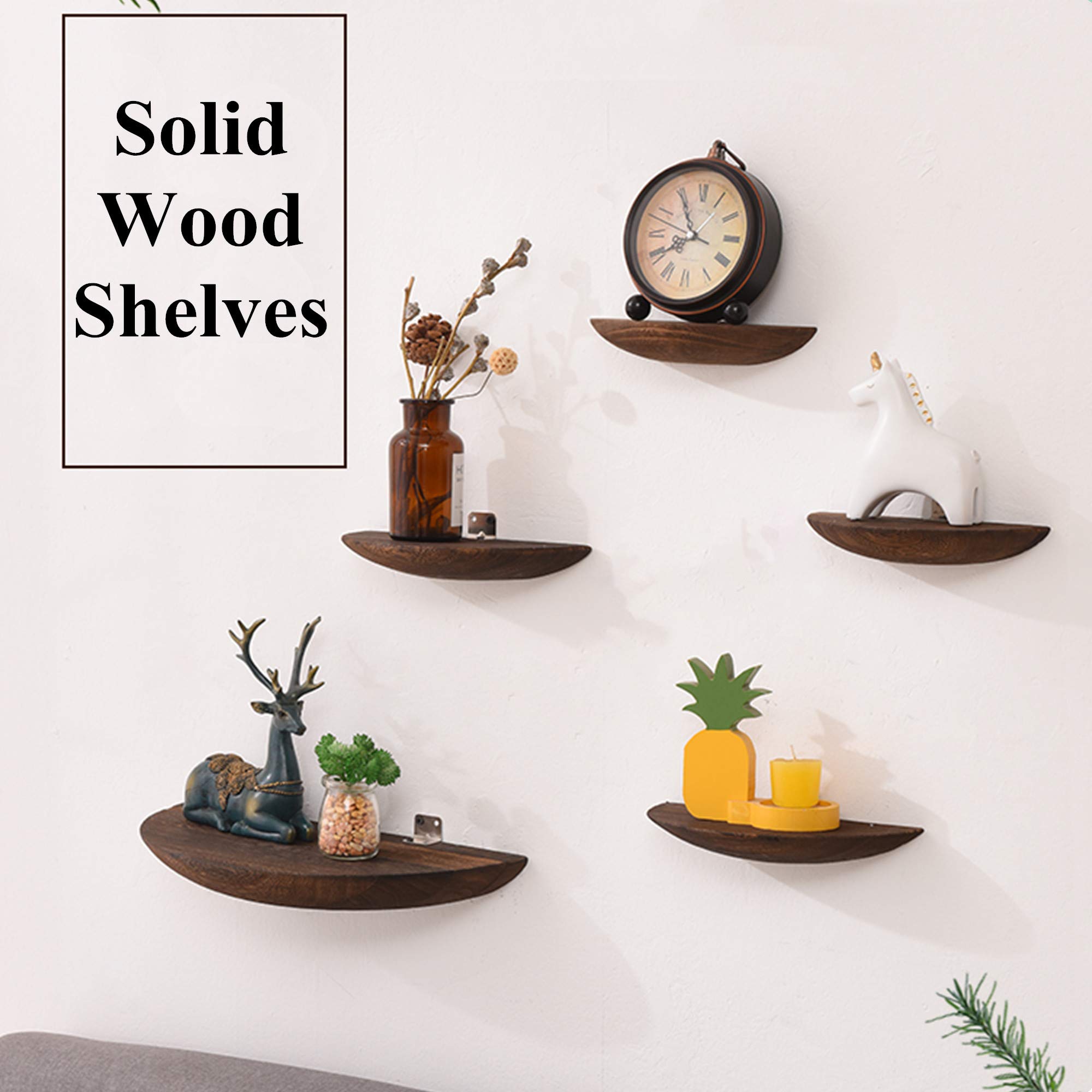 Solid Wood Floating Shelves - Wall Mounted Semi-Circle Shelf for Home Decor, Display Ledge & Storage Rack - Large Brown Wooden Shelves for Living Room, Bedroom, Kitchen & Office Organization