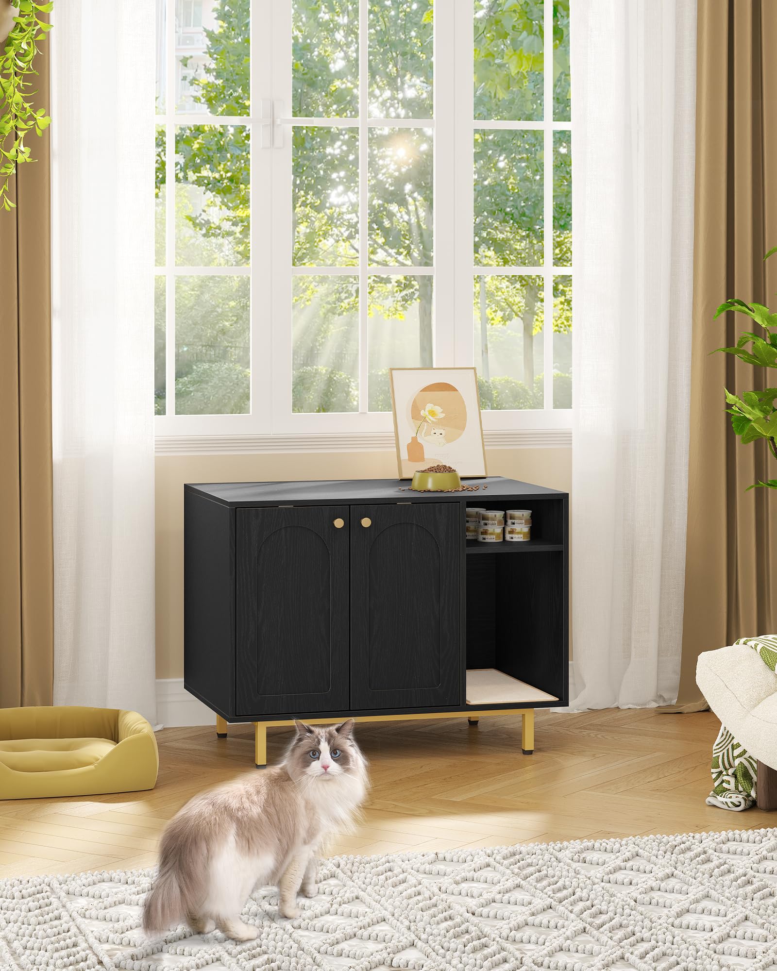 Hidden Cat Litter Box Furniture Enclosure - Wooden Pet House Side Table with Storage Cabinet, Modern Living Room & Bedroom Bench (31.5