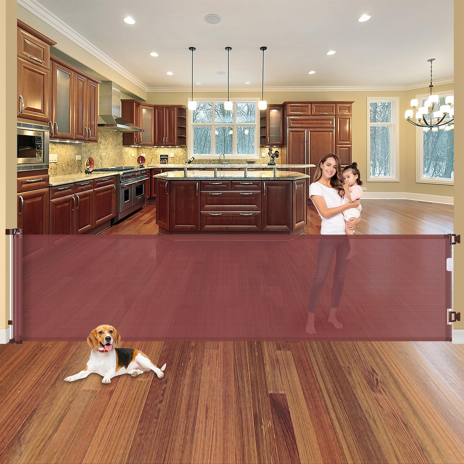 **110 Inch Extra Wide Retractable Baby & Dog Gate for Large Openings - Indoor/Outdoor Safety Barrier for Doorways, Stairs, Decks - Durable Brown Pet & Child Proof Gate for Home Use**