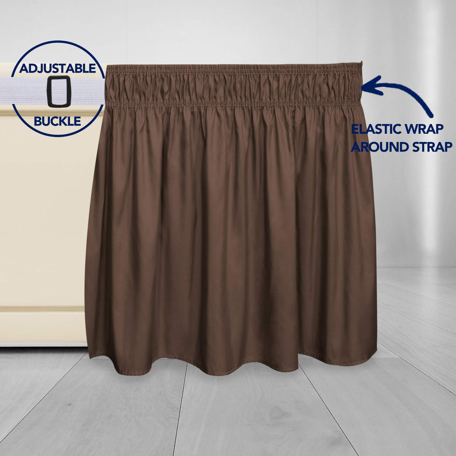 PureFit Wrap Around Ruffled Bed Skirt with Adjustable Elastic Belt - 14 Inch Drop, Easy to Install Wrinkle-Free Dust Ruffle for Queen, King & California King Beds (Brown) | Perfect Bed Frame Cover for Hotels, Guest Rooms & Master Bedroom Decor