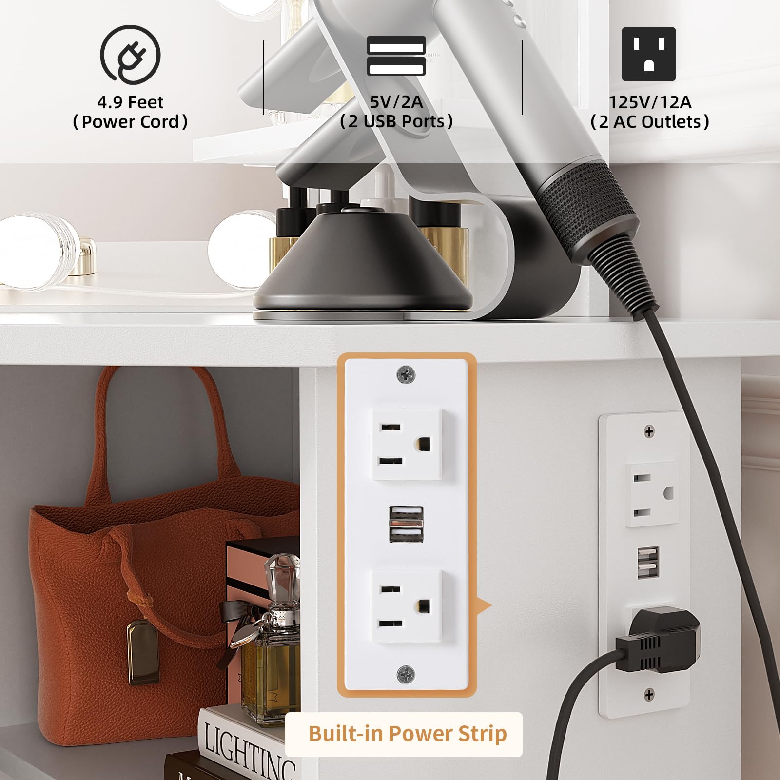 VOWNER Lighted Vanity Desk with Power Outlet & Stool - Adjustable 3-Color LED Mirror with Brightness Control, 5 Sliding Drawers & Storage Shelves - White Makeup Dressing Table for Bedroom, Home Salon & Beauty Room Organization