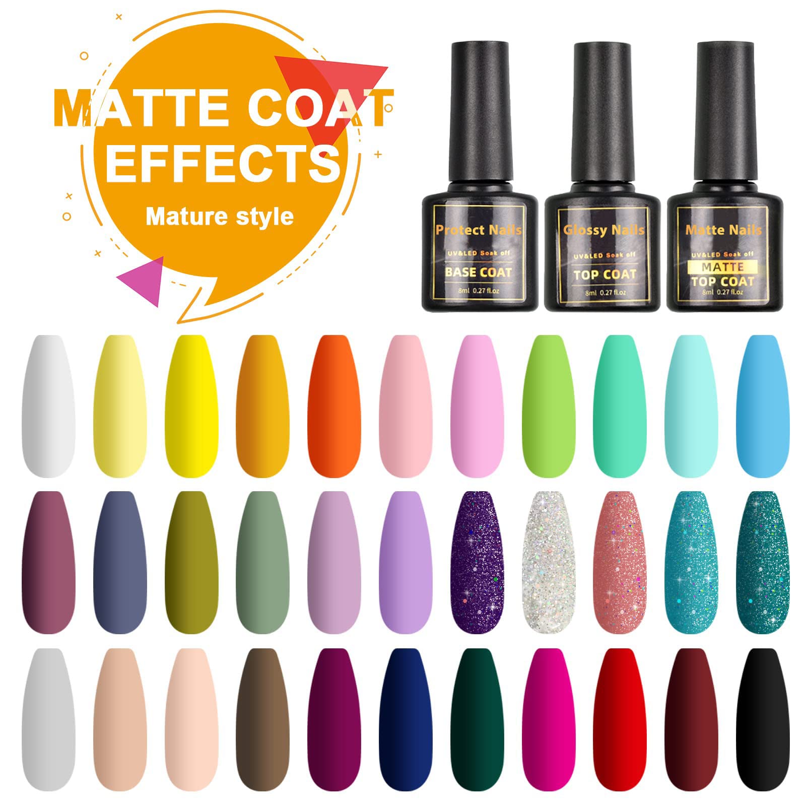 36Pcs Gel Nail Polish Set - Soak Off UV/LED Gel Kit with Glossy & Matte Top Coat, Base Coat - Long Lasting Nail Art Polish for DIY Manicure at Home, Salon, Christmas Gifts & Party Nails