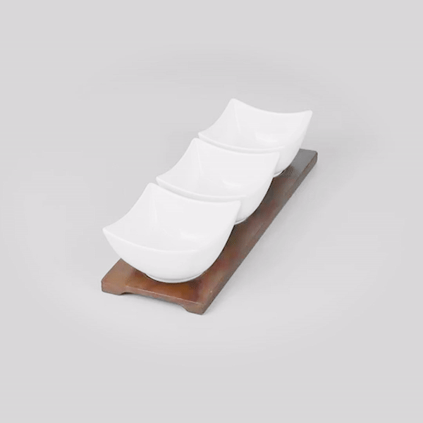 15 oz White Porcelain Cocktail Bowl Set with Bamboo Tray - 3 Rectangle Bowls (12 x 4 x 2.5 Inches) - Perfect for Sushi, Noodles & Party Appetizers
