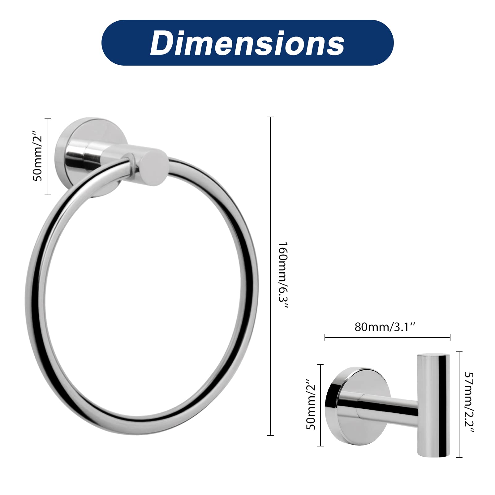 NearMoon 3-Piece Stainless Steel Bathroom Hardware Set - Chrome Wall Mounted Towel Ring & 2 Hooks for Hand Towels & Robes | Perfect for Bathroom, Spa & Guest Room Organization