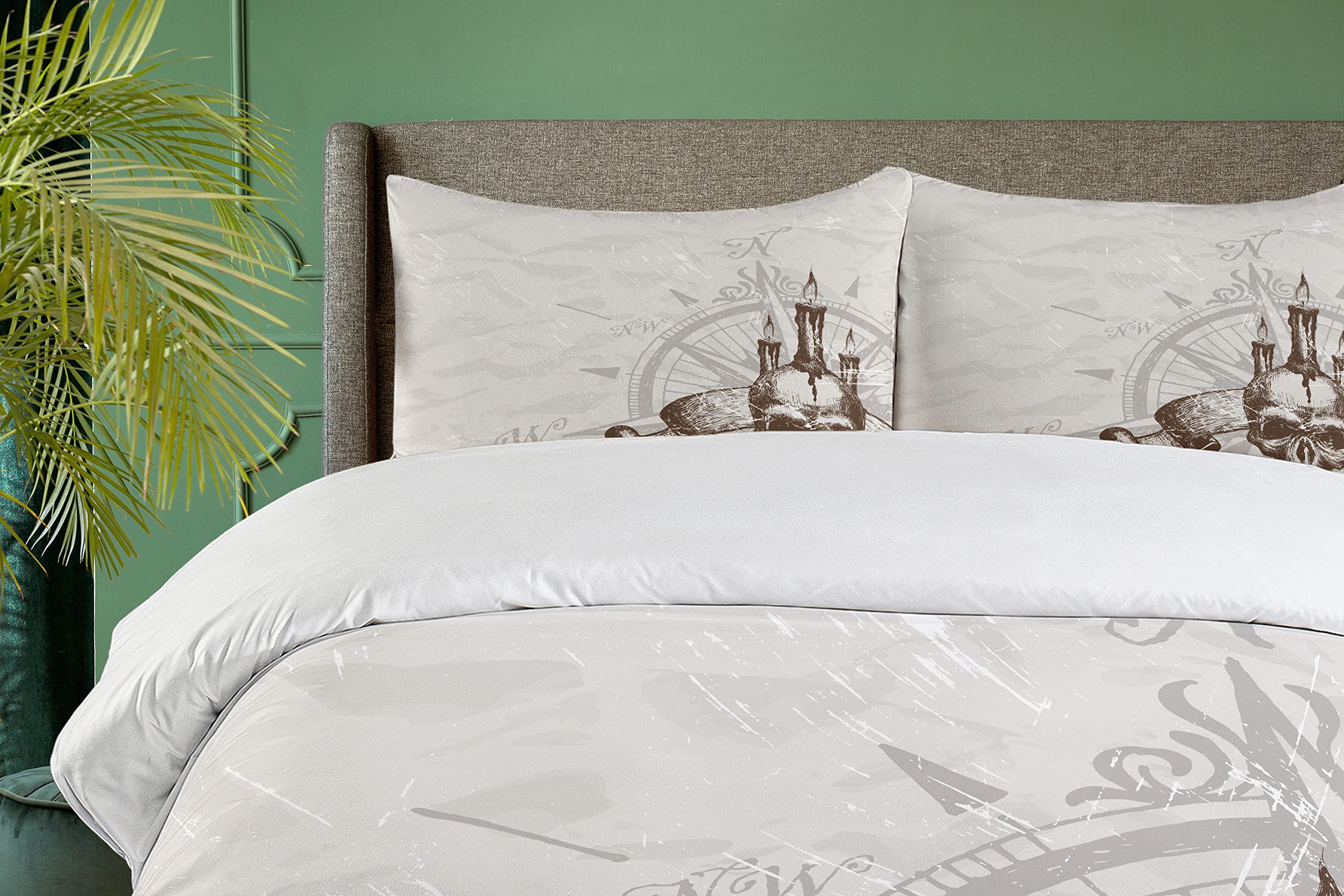 Ambesonne Compass Duvet Cover Set - Windrose Skull & Candles Pirate Adventure Theme, 3-Piece California King Bedding Set with 2 Pillow Shams in Brown Pearl Grey | Gothic Home Decor for Halloween & Themed Bedrooms