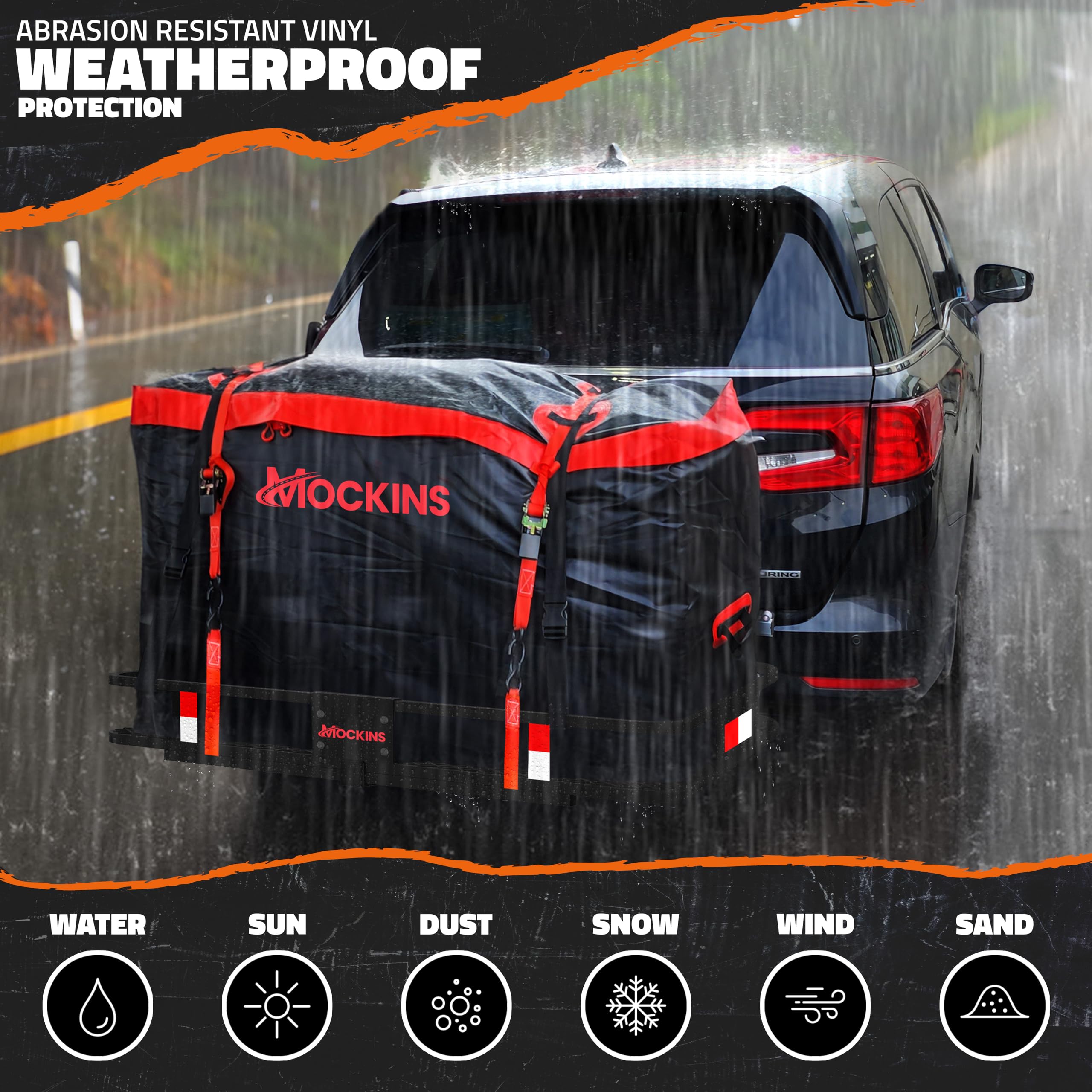 Mockins 15 Cu.Ft. Soft-Shell Trailer Hitch Cargo Carrier Bag with 4 Packing Cubes - 48x18x31 Inch Waterproof All-Weather Truck Bed Storage Bag for SUV, Pickup & Travel | Heavy-Duty Vinyl Construction with Buckle Straps & Lock | Perfect for Road Trips, Camping & Outdoor Adventures