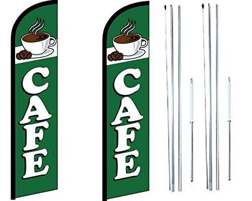 OnPoint Wares Cafe King Flag Sign with Complete Hybrid Pole Set - Green - Pack of 2 - Perfect for Coffee Shops, Restaurants & Outdoor Events