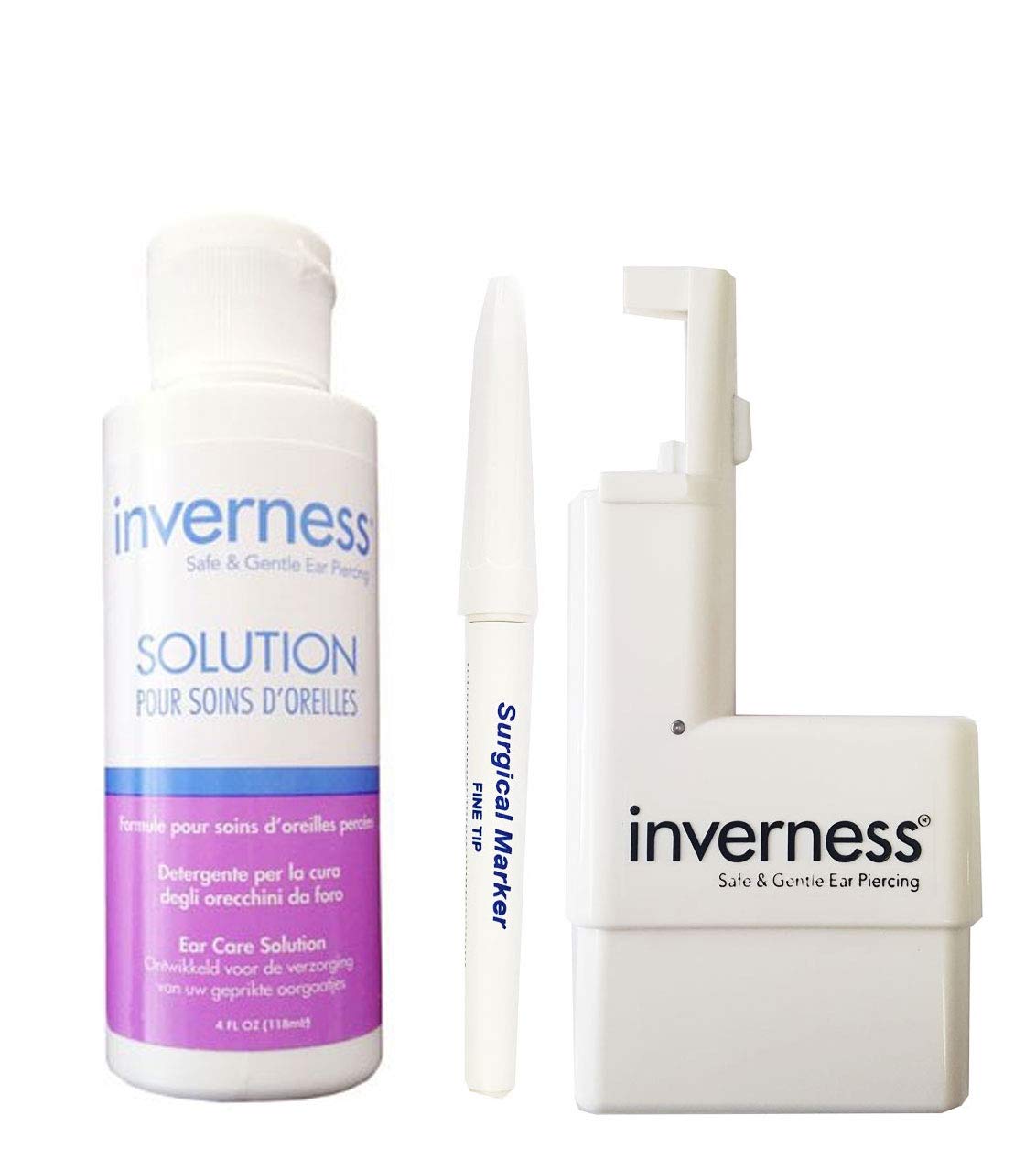 Professional INVERNESS Ear Piercing Kit with Surgical Steel Instrument, Sterile Marking Pen & 4oz Antiseptic Solution – Safe for Ear Piercing, Lobe Care & Body Jewelry Aftercare