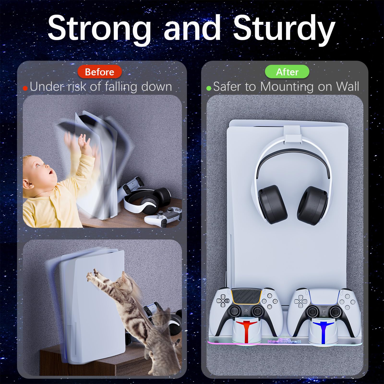 Hosanwell PS5 Wall Mount Kit with Charging Station - Playstation 5/Slim/Pro Accessories for Gaming Setup