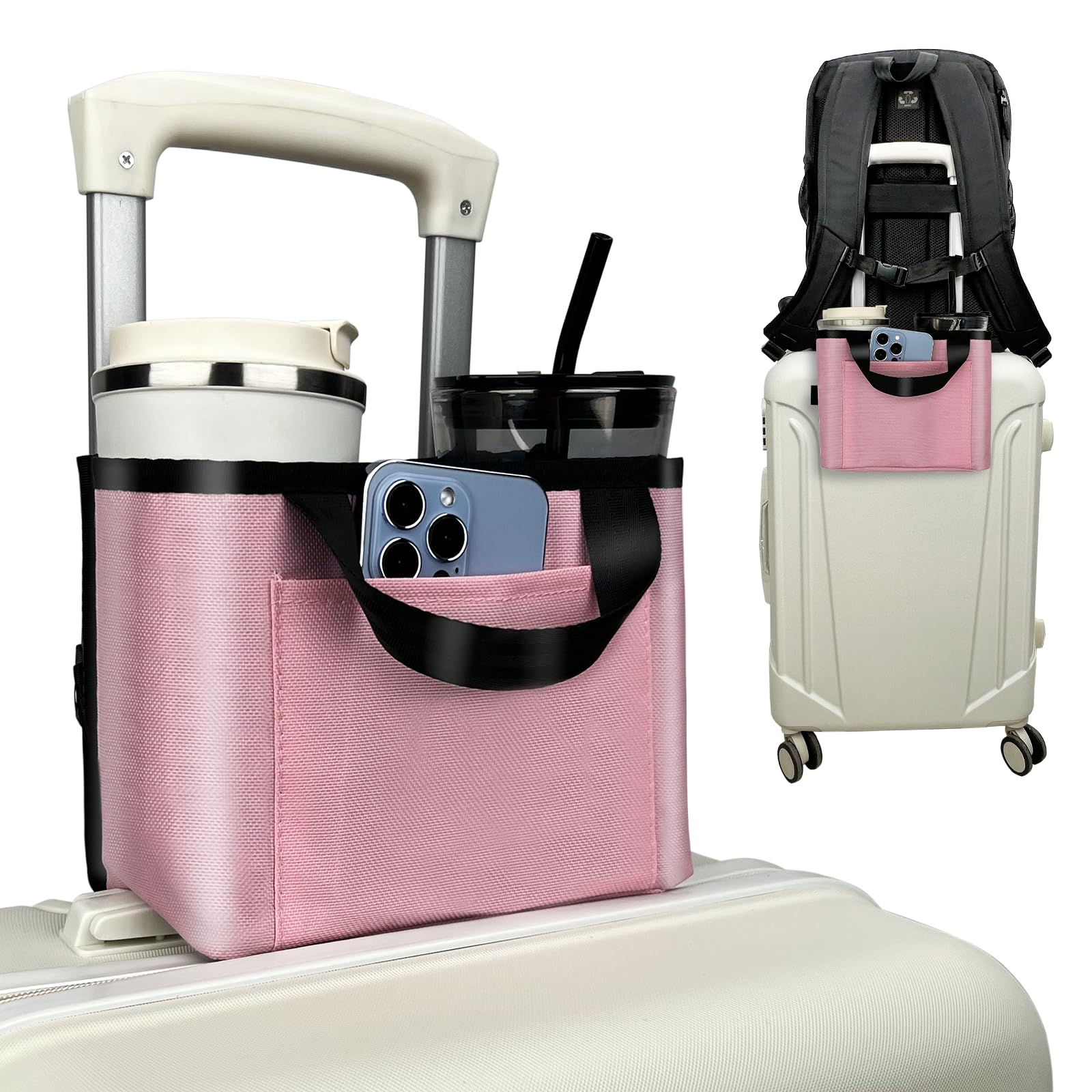 Multifunctional Luggage Cup Holder for Suitcases - Free Hands Drink Carrier with Universal Fit for Suitcase Handles, Travel Accessories (Pink) | Perfect for Airports, Road Trips & Business Travel
