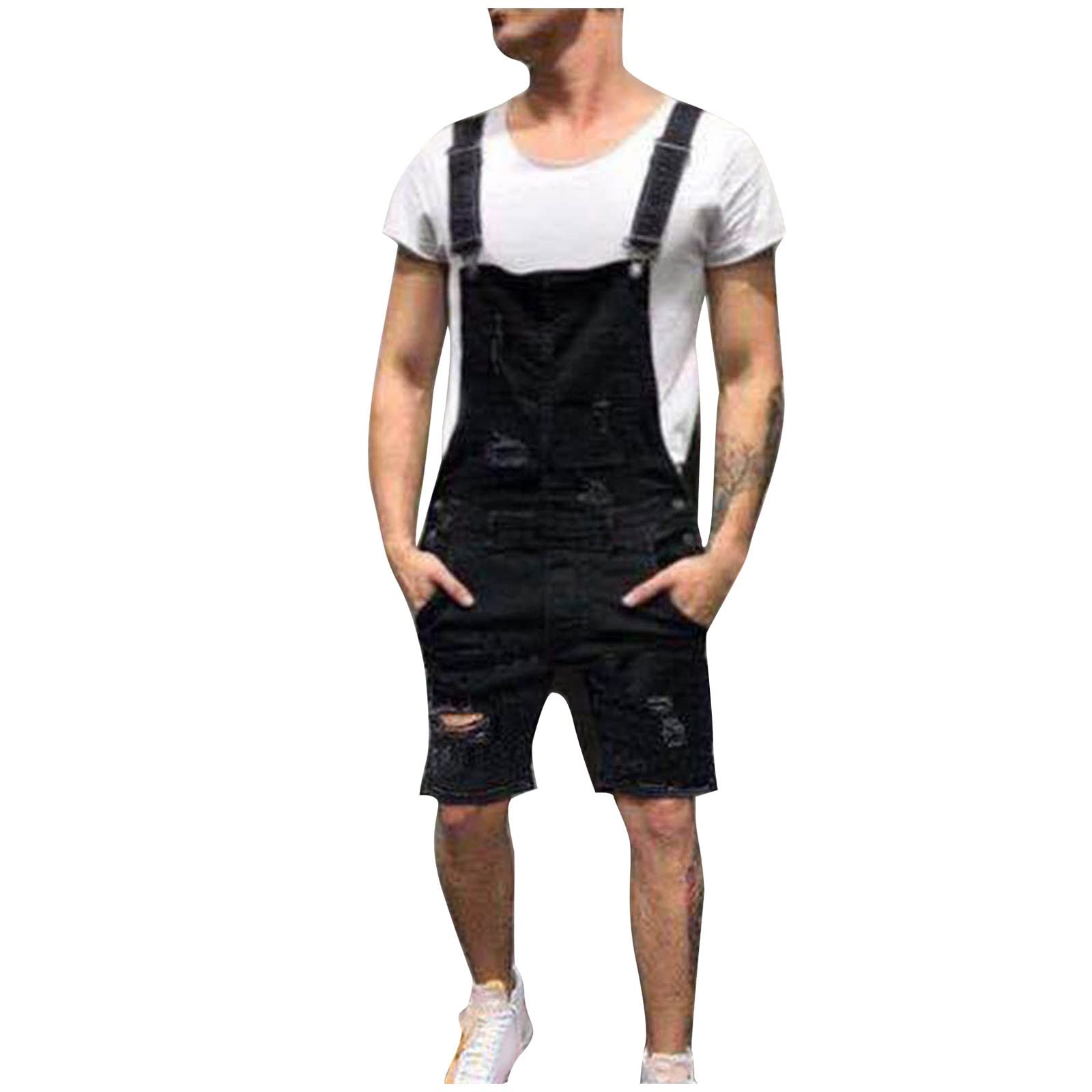 Men's Ripped Denim Bib Overalls Shorts - Adjustable Straps, Knee-Length Jumpsuit for Casual Wear, Workwear & Motorcycle Riding | Carpenter, Biker & Outdoor Activities