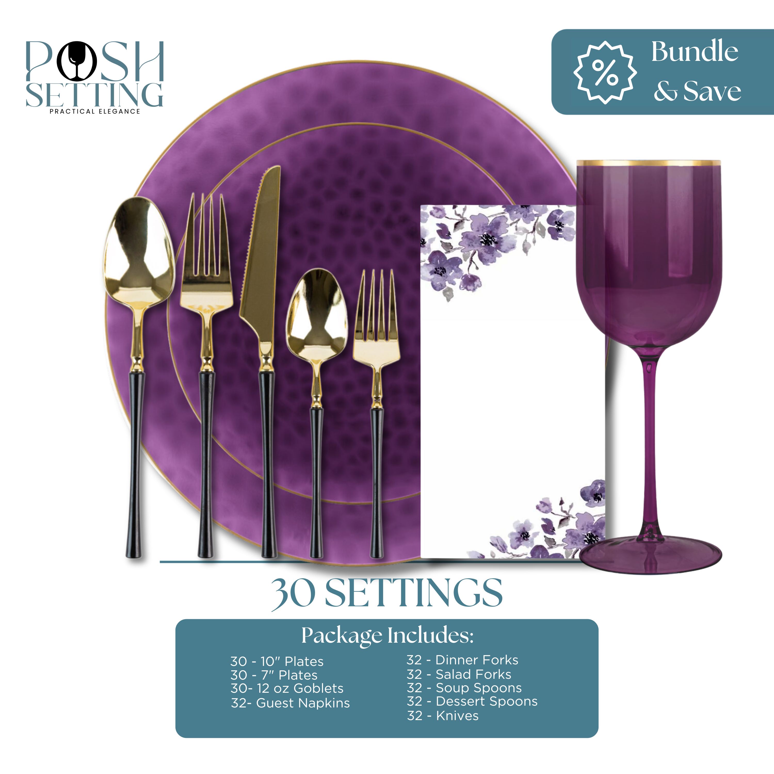Purple and Gold Disposable Plastic Party Tableware Set - Organic Hammered Design (30-Piece) for Wedding, Birthday, Anniversary Celebrations & Special Events