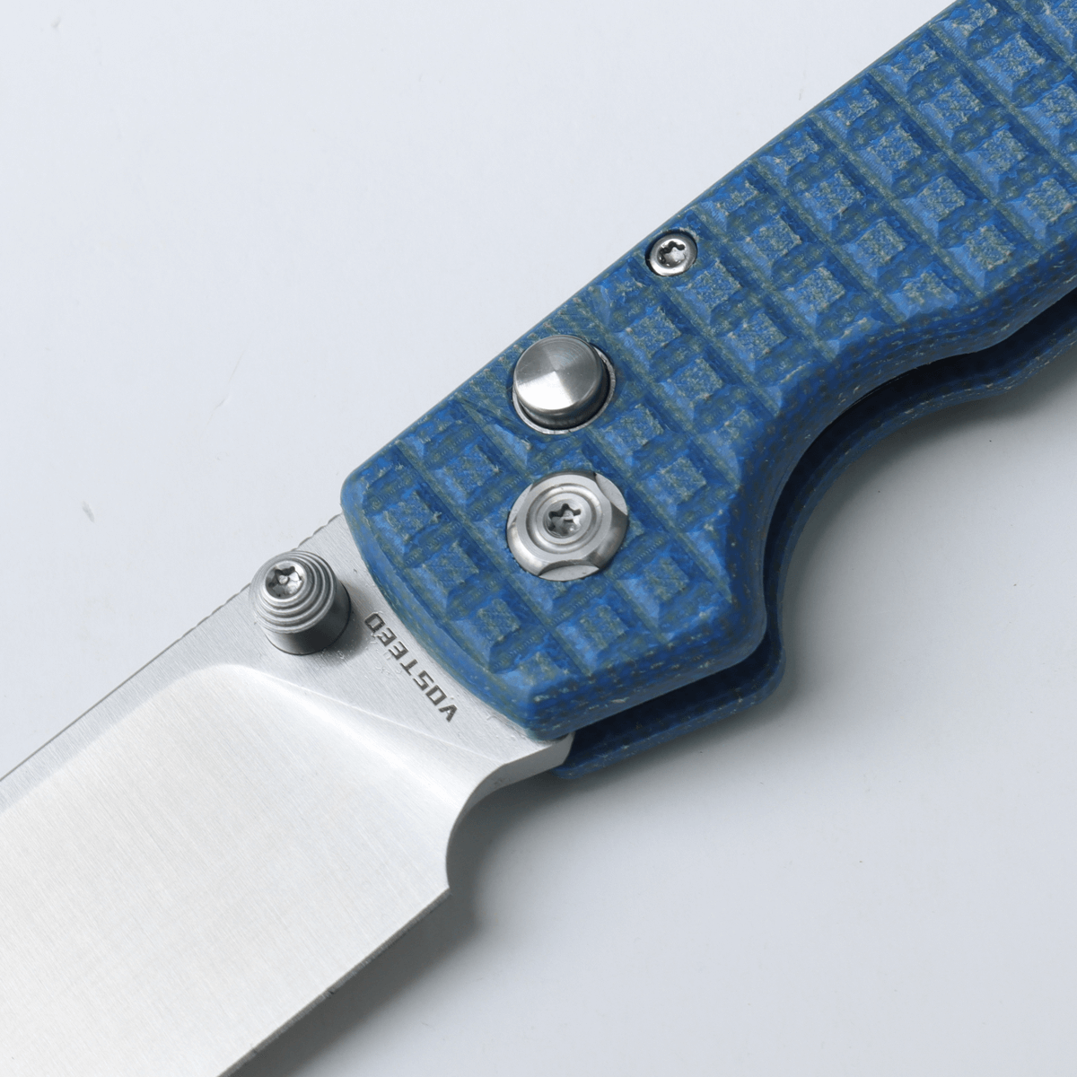 WMK Exclusive Vosteed Raccoon Button Lock Folding Knife - Blue Micarta Frag Pattern Handle, 14C28N Plain Edge RC3SVM17 - Perfect for Camping, Hiking & Everyday Carry (EDC)