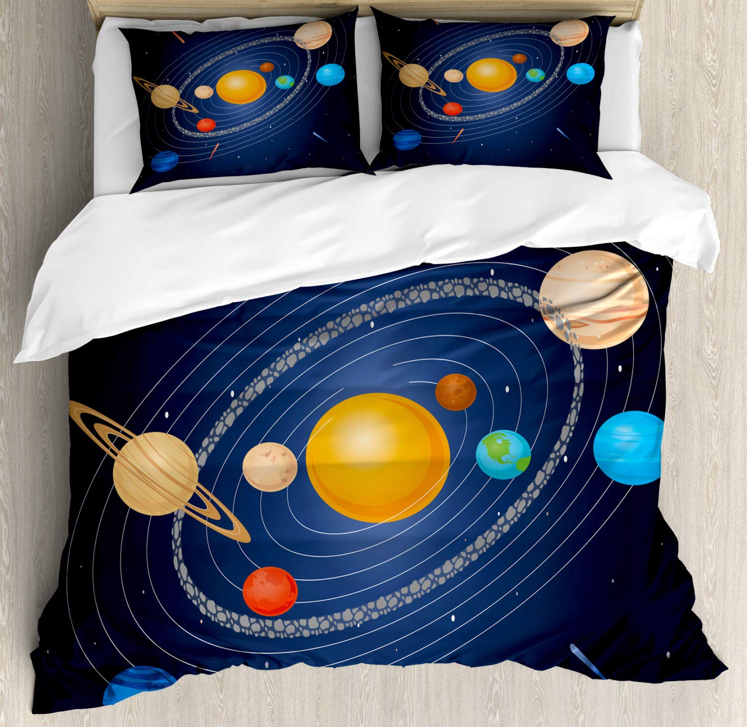 Ambesonne Astronomy Duvet Cover Set - King Size Dark Night Blue Galaxy Print with Planets & Sun | 3-Piece Solar System Bedding Set with 2 Pillow Shams | Perfect for Space-Themed Bedrooms, Kids Rooms & Astronomy Lovers