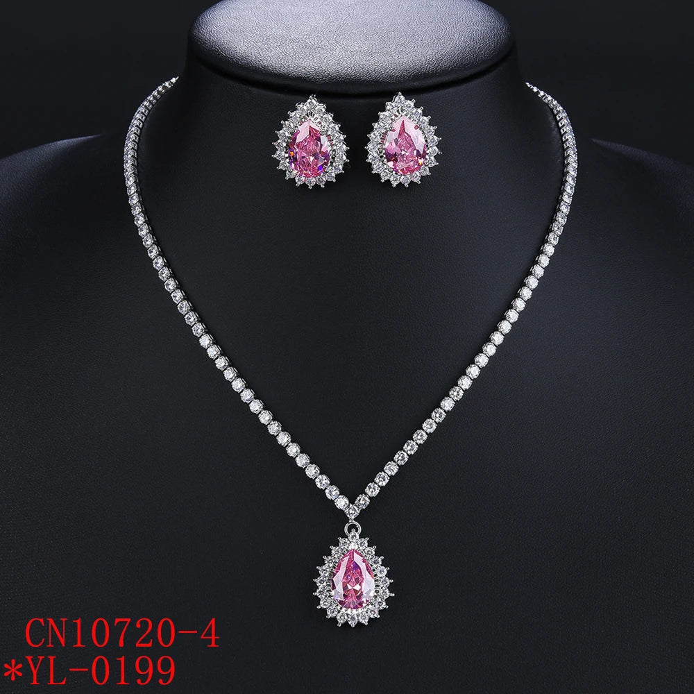 Elegant Big Light Green Pink White Water Drop CZ Crystal Necklace Earrings Set for Women - Engagement Party Wedding Costume Jewelry - Perfect for Bridal Shower, Prom, Evening Gala & Special Occasions