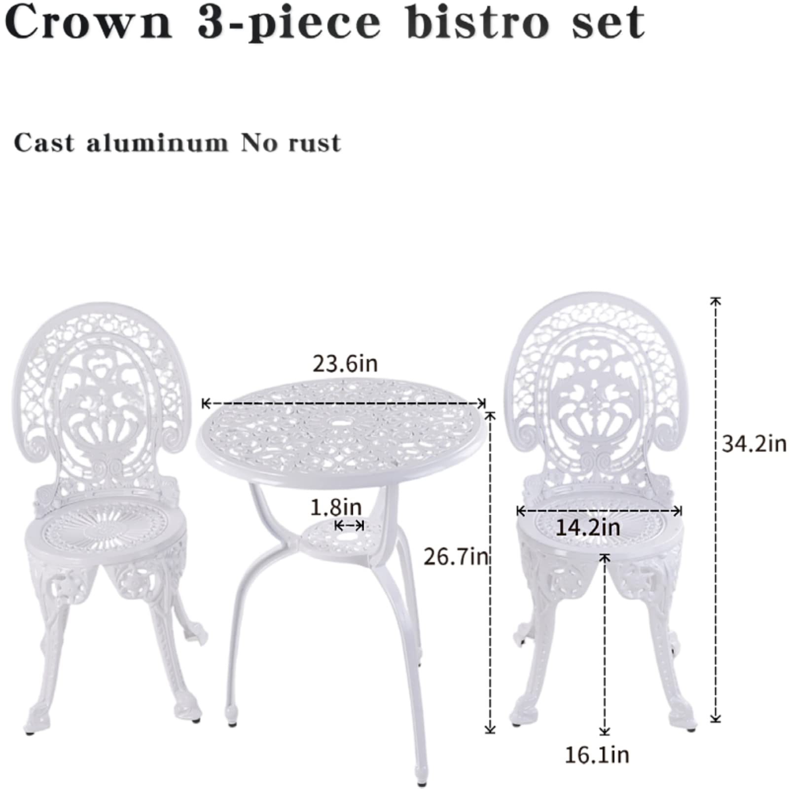 KAILI 3-Piece Patio Bistro Set - Cast Aluminum Outdoor Furniture with Rust-Proof White Metal Table & Chairs for Garden, Balcony, or Backyard Dining (Crown-White)